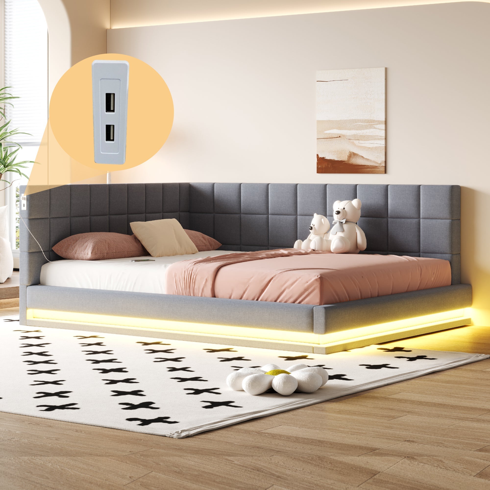Upholstered Sofa Bed 160*200 Multifunctional with LED & USB, Grey Linen