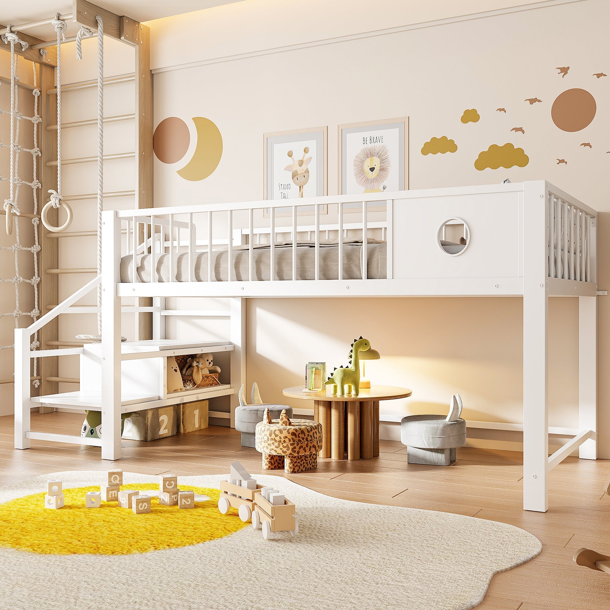 Low Loft Bed for Children with Storage Ladder and Metal Frame, 90x200cm, White
