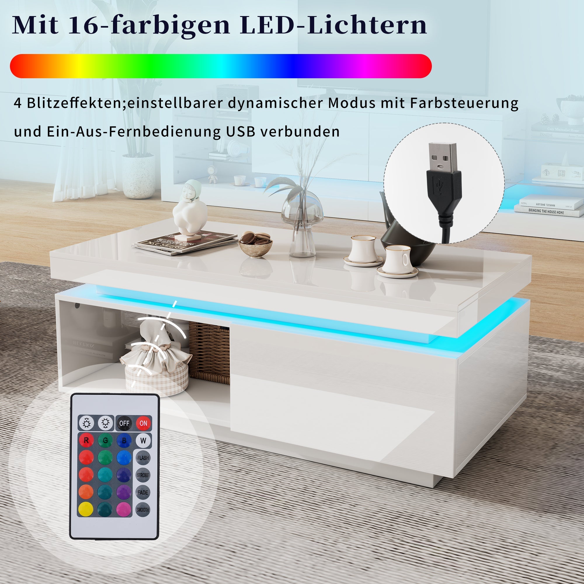 Modern high-gloss coffee table with LED lighting and drawer, 50 kg capacity