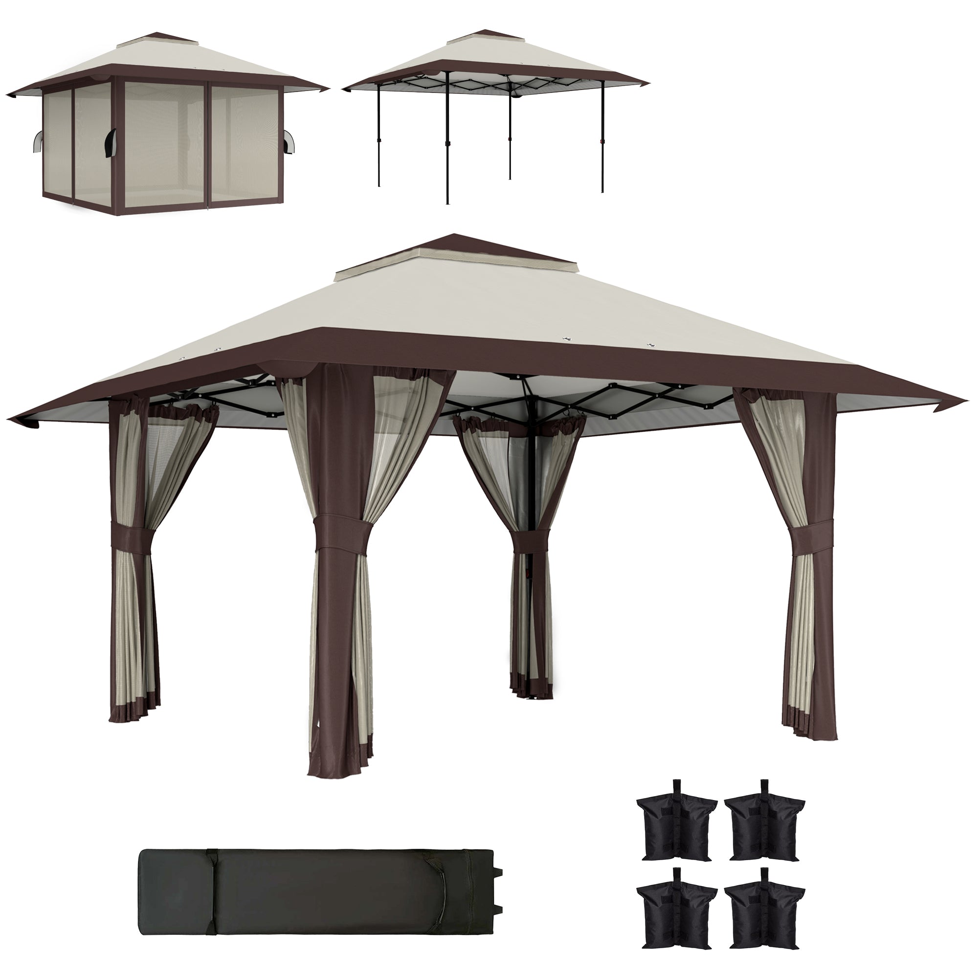 4x4m Pop-Up Pavilion, Height Adjustable, UV 50+ Mesh Walls, Beige