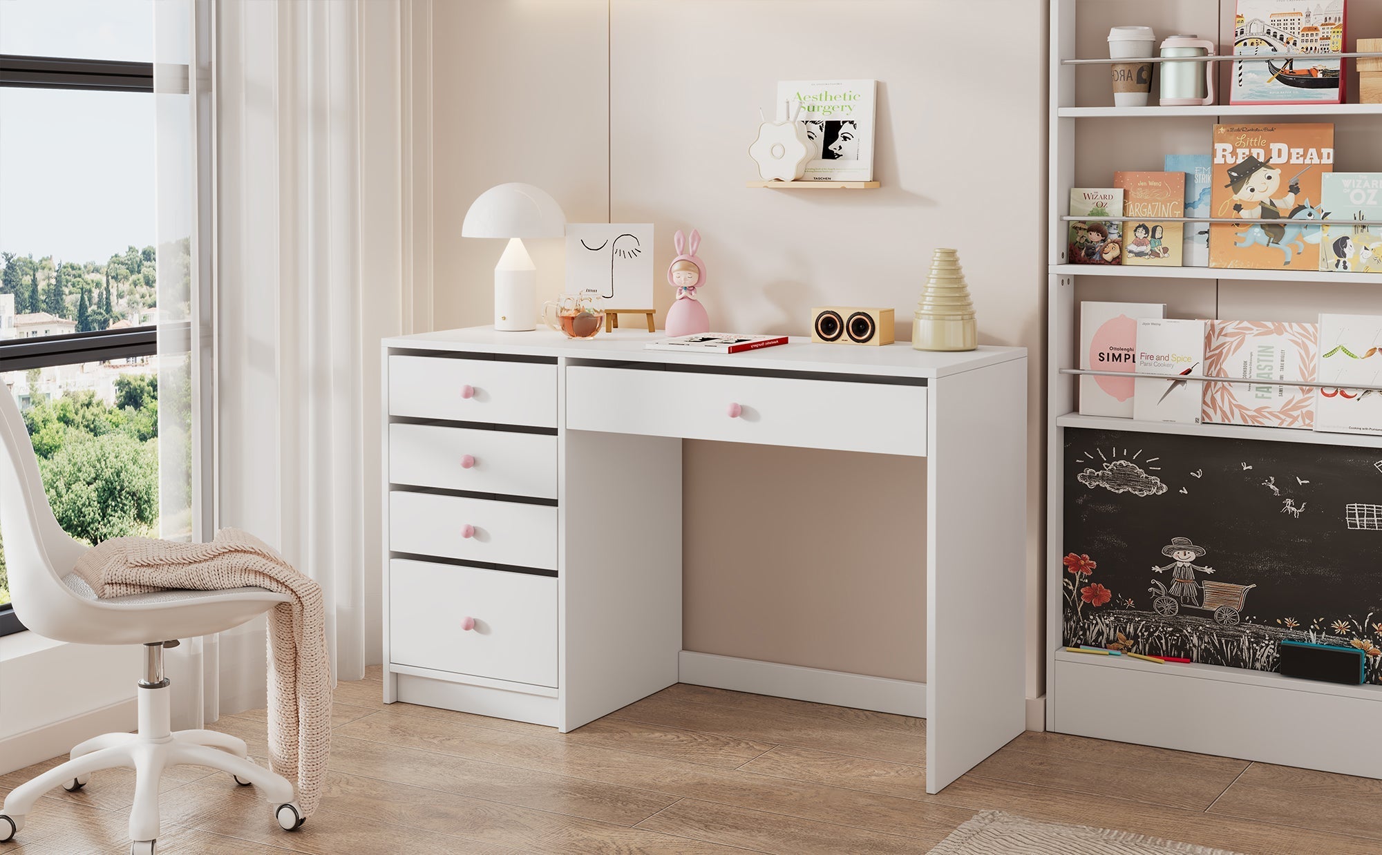 Desk Children's/Computer Dressing Table 5 Drawers Pink Ceramic Handles, White
