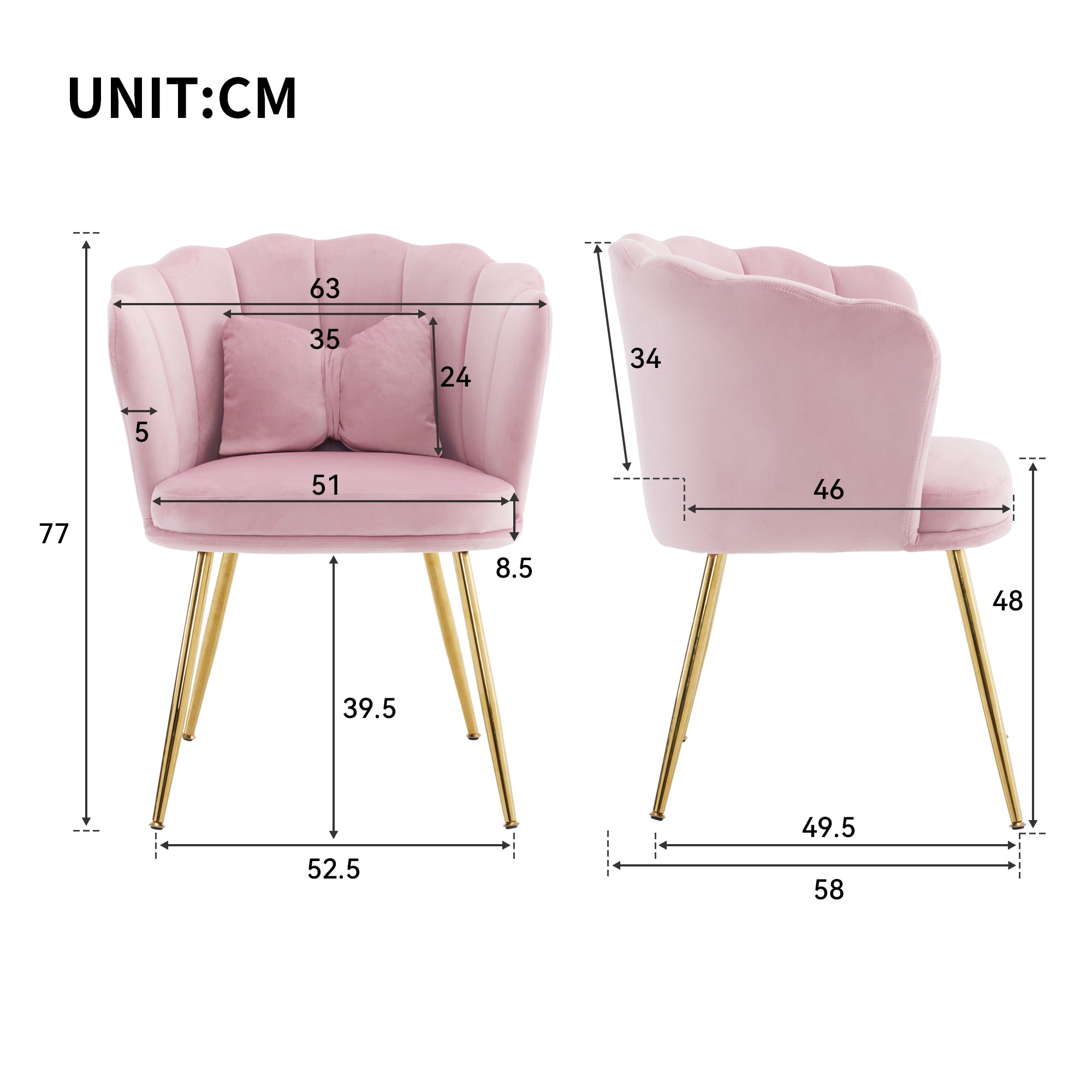 Chairs, Set of 2 Upholstered Petal Back with Gold Legs, Velvet