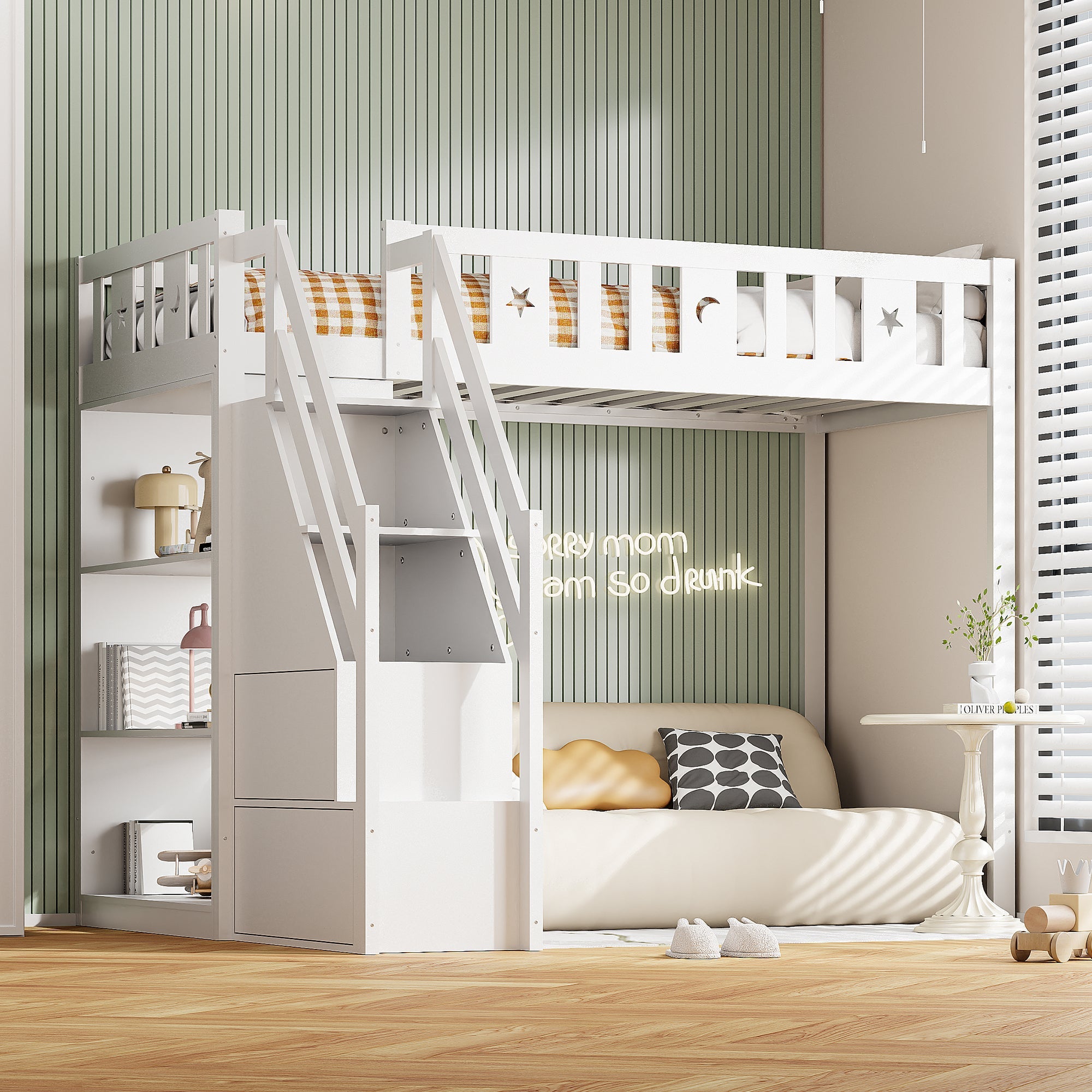 Loft Bed 90x200cm with Storage Ladder and Shelves, Solid Wood Frame, White