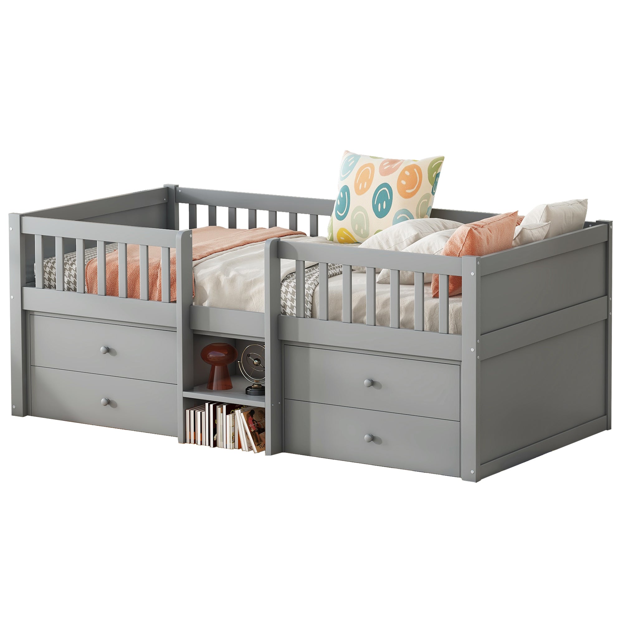 Mid-height Bed 90x200cm 4 Drawers Ladder - Pine Wood Grey