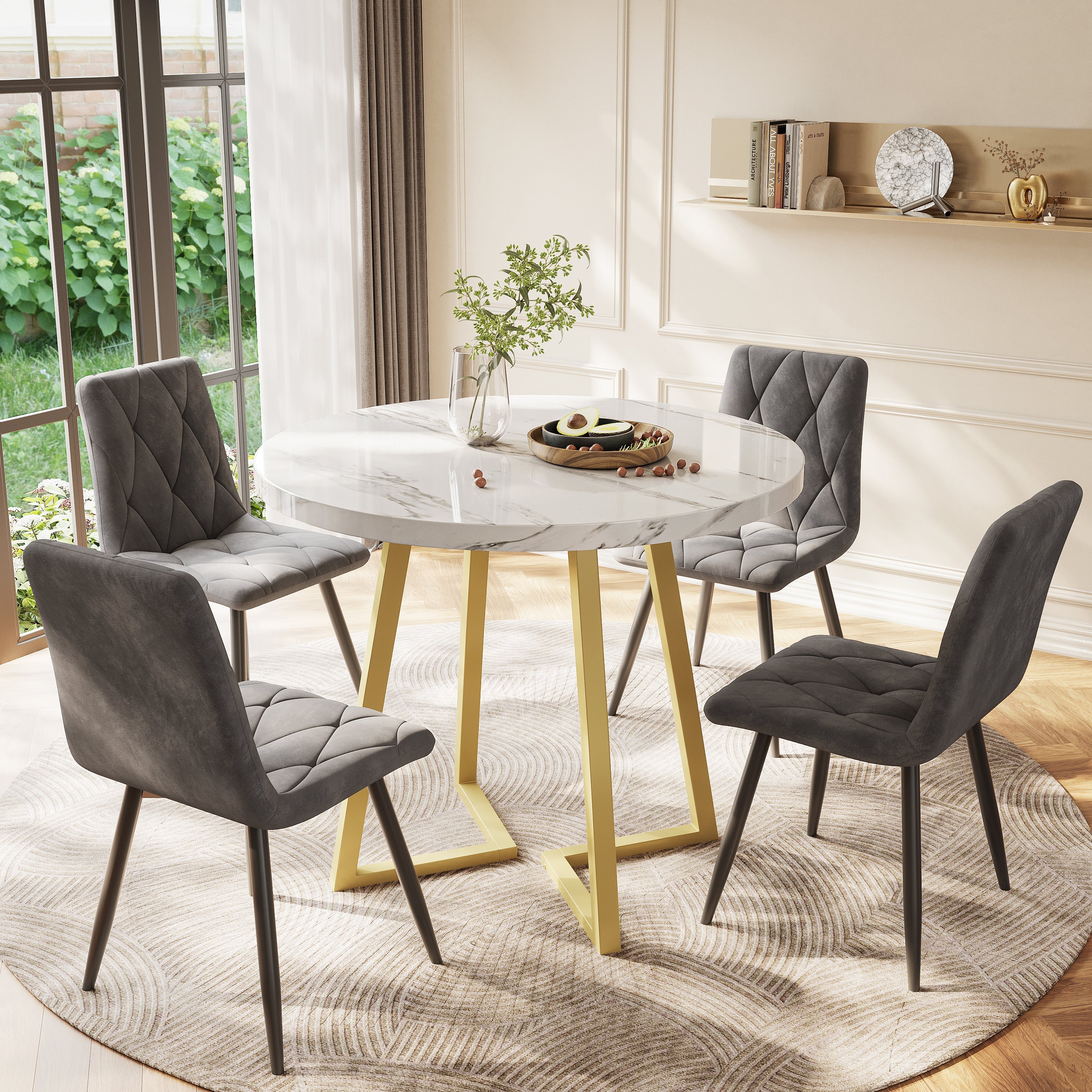 Round Dining Table Unique Metal Frame Marble Pattern White/Gold