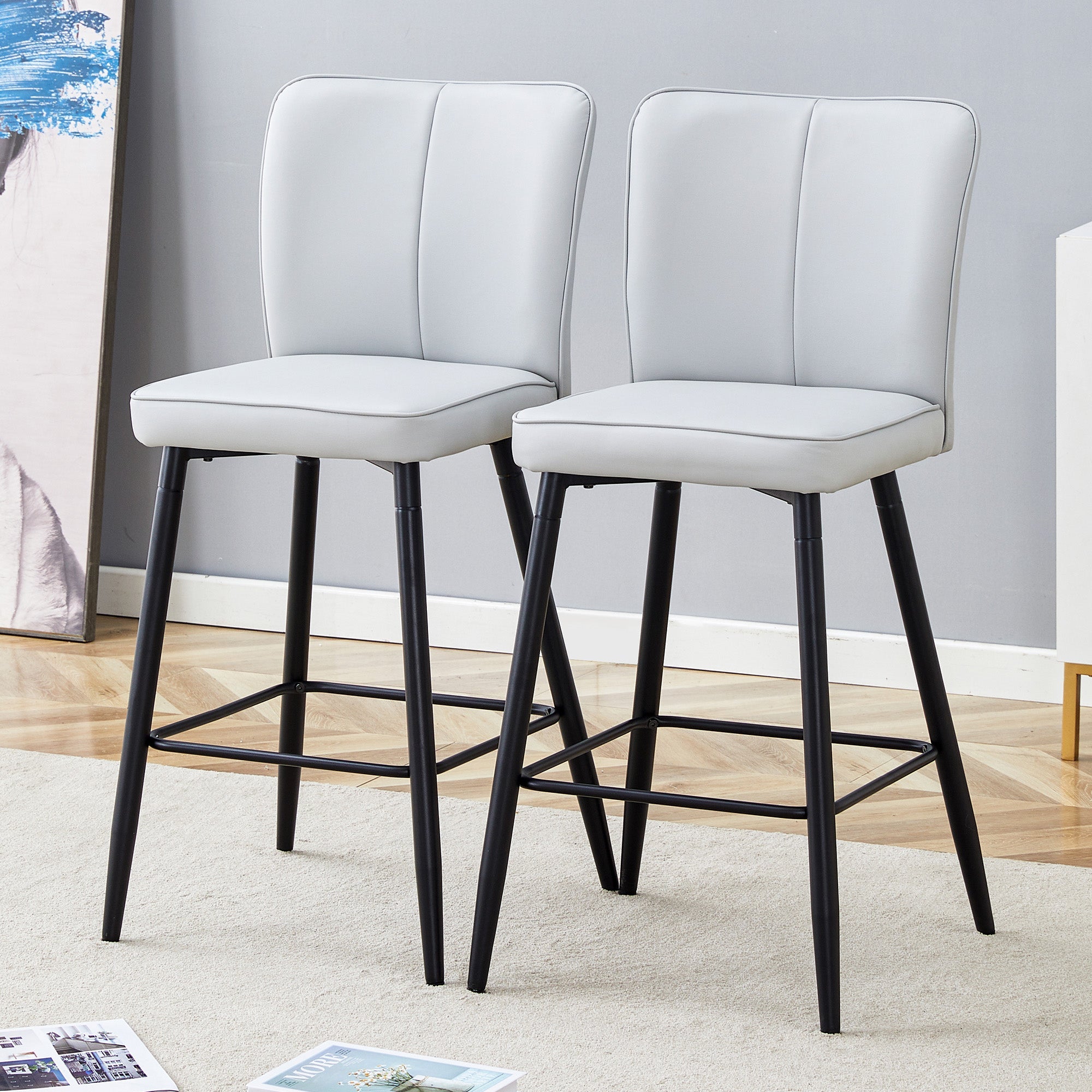 Bar Chair Set 2-Piece 101cm High Ergonomic Backrest - Light Grey PU