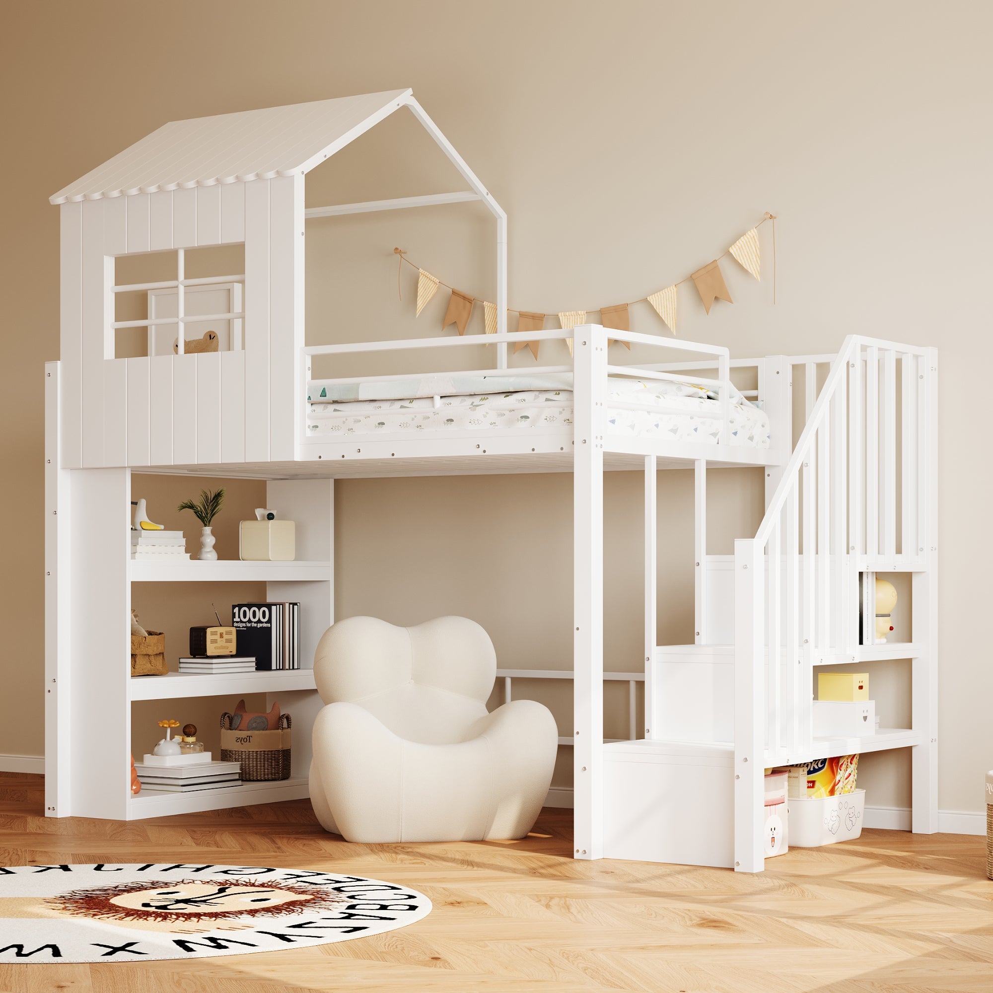 Iron Loft Bed with House Design, Storage Shelf and Safety Stairs, 90x200cm, White