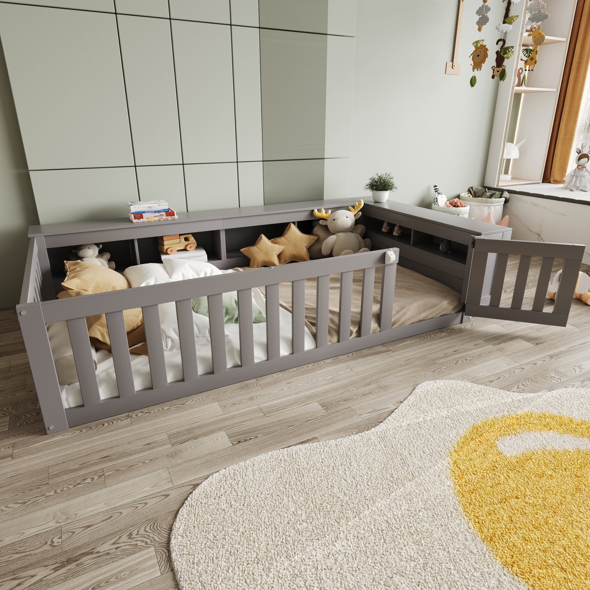 Multifunctional Children's Bed with Storage, Safety Gate & Slatted Frame, Grey