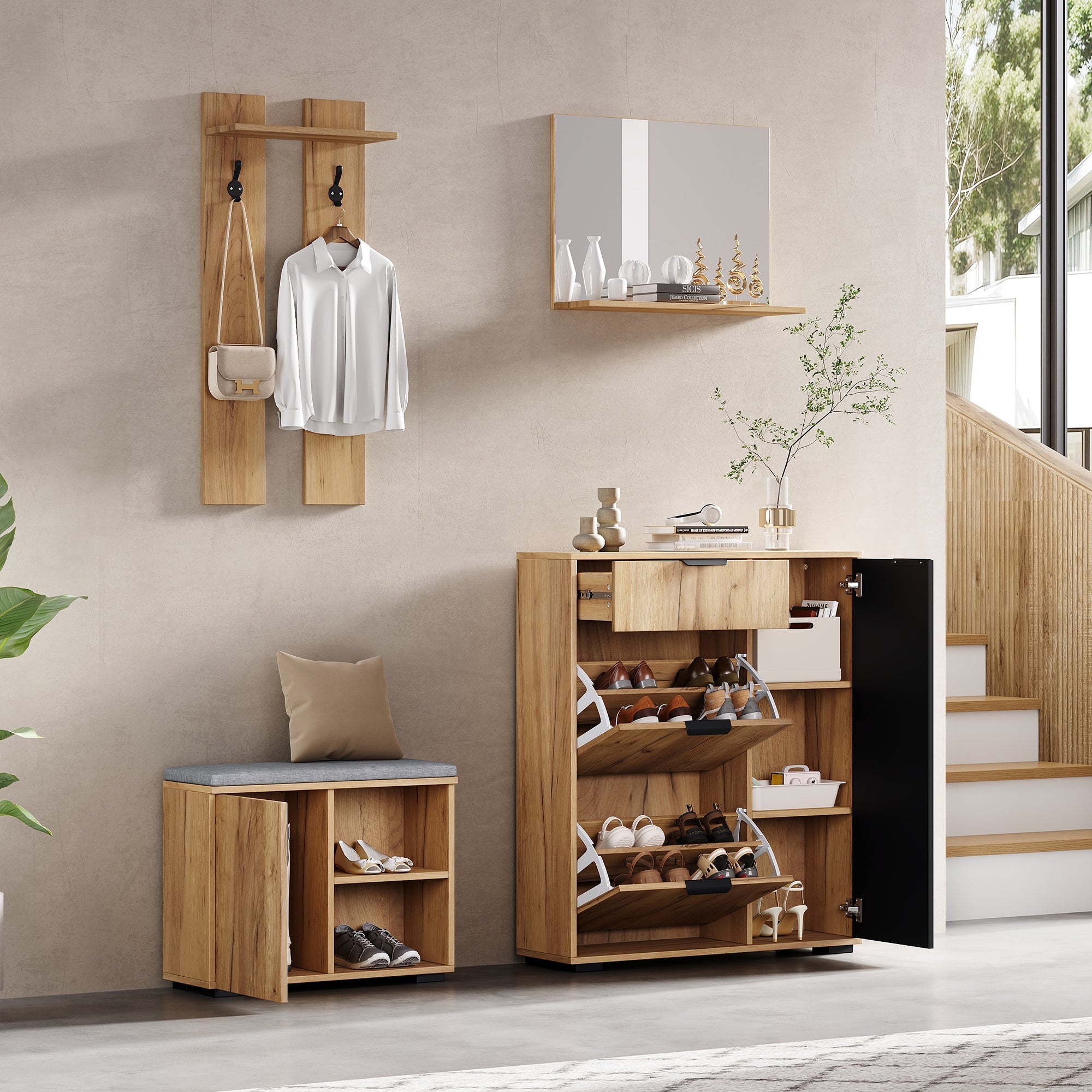 Hallway Wardrobe Set Wall-Mounted with Shoe Bench Shoe Cabinet Mirror Natural and Black