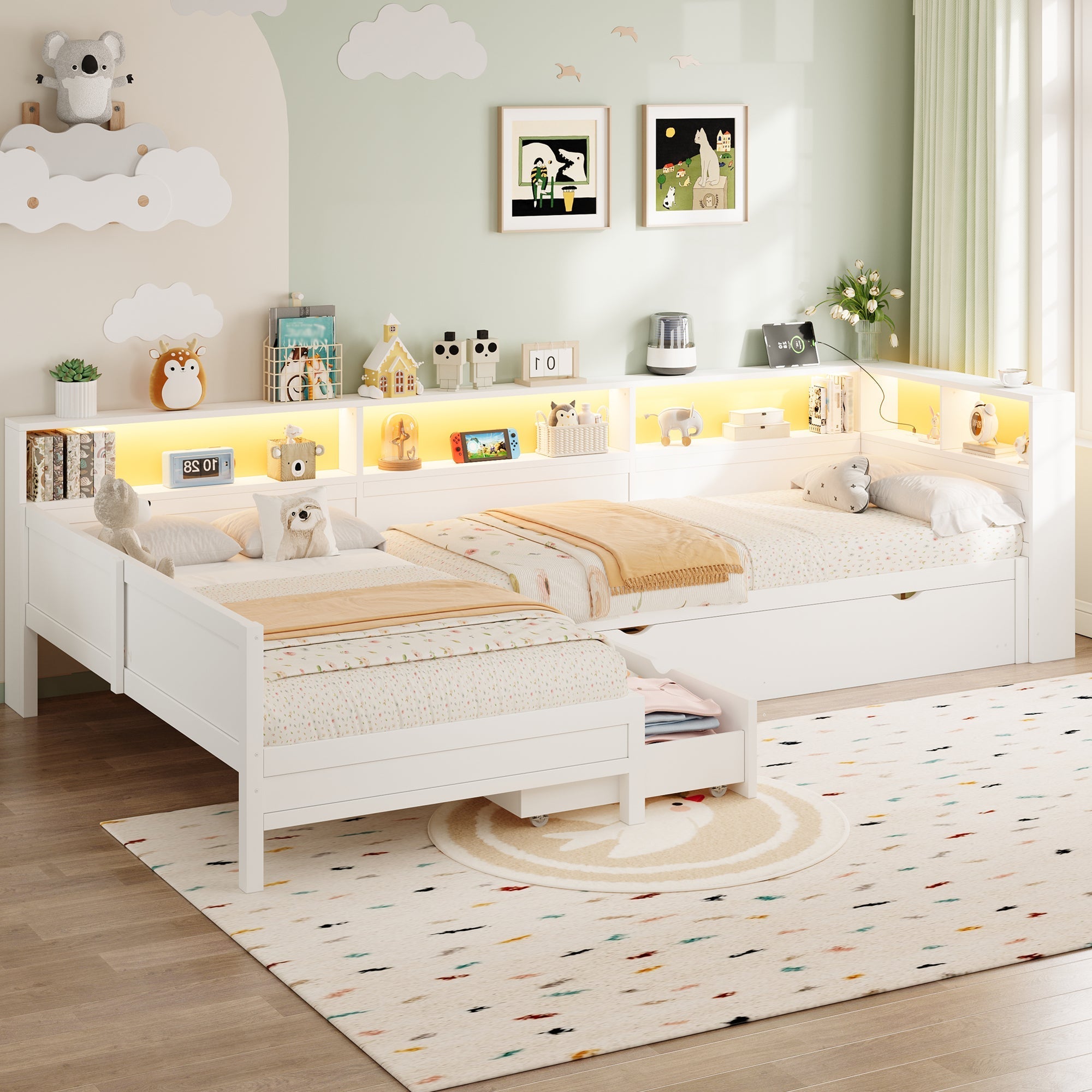 Wooden L-Shaped Platform Bed with Pull-Out Bed and Drawer, White