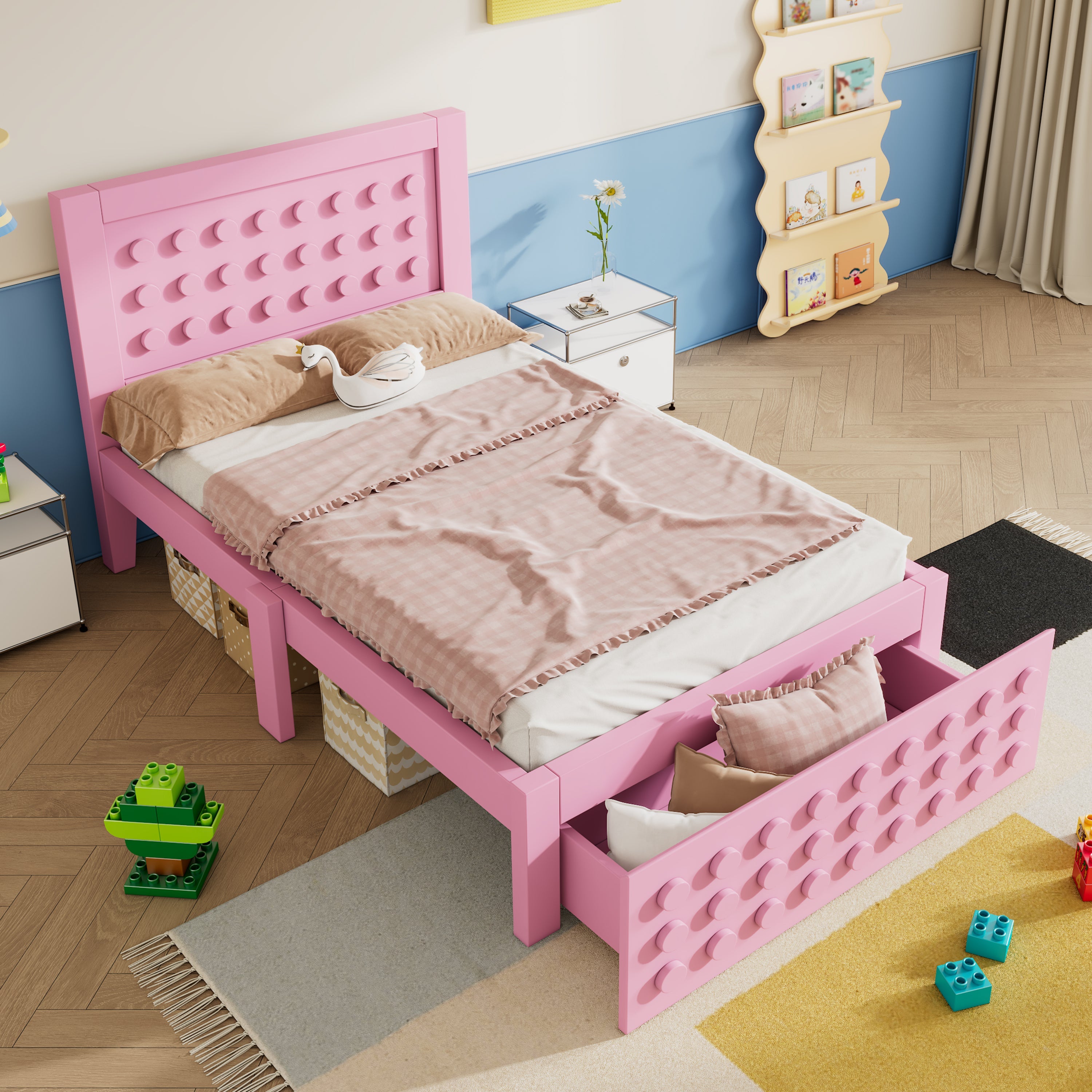 Wooden Single Bed, 90x200 cm with Drawers, Pink