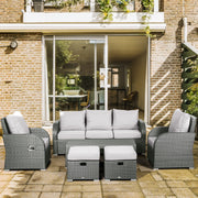 Six-piece Outdoor Rattan Dining Sofa Set with Reclining Armchairs, Grey