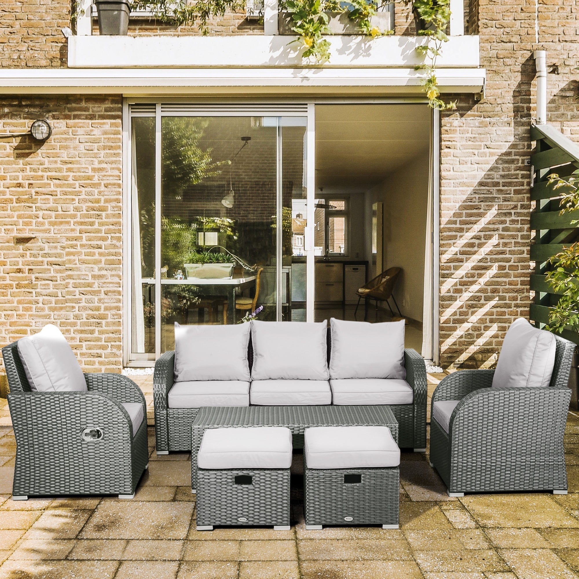 Six-piece Outdoor Rattan Dining Sofa Set with Reclining Armchairs, Grey