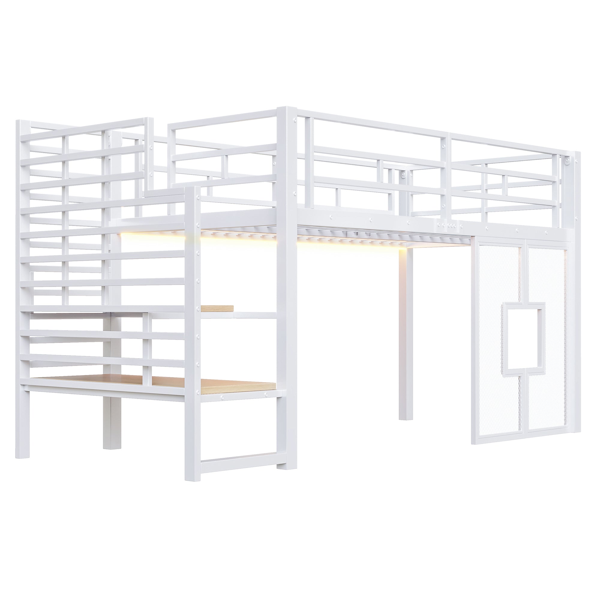 Metal Loft Bed Frame 90x200 cm with Stairs Storage and LED Lighting, White