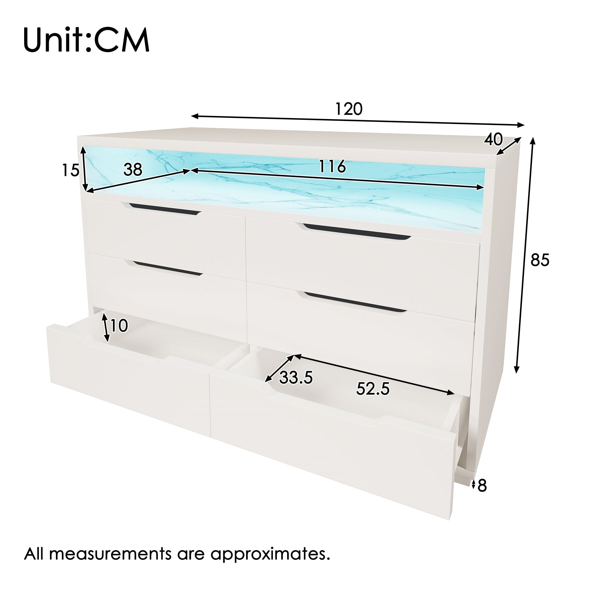 Sideboard Chest of Drawers LED 6 Drawers Marble Storage, White