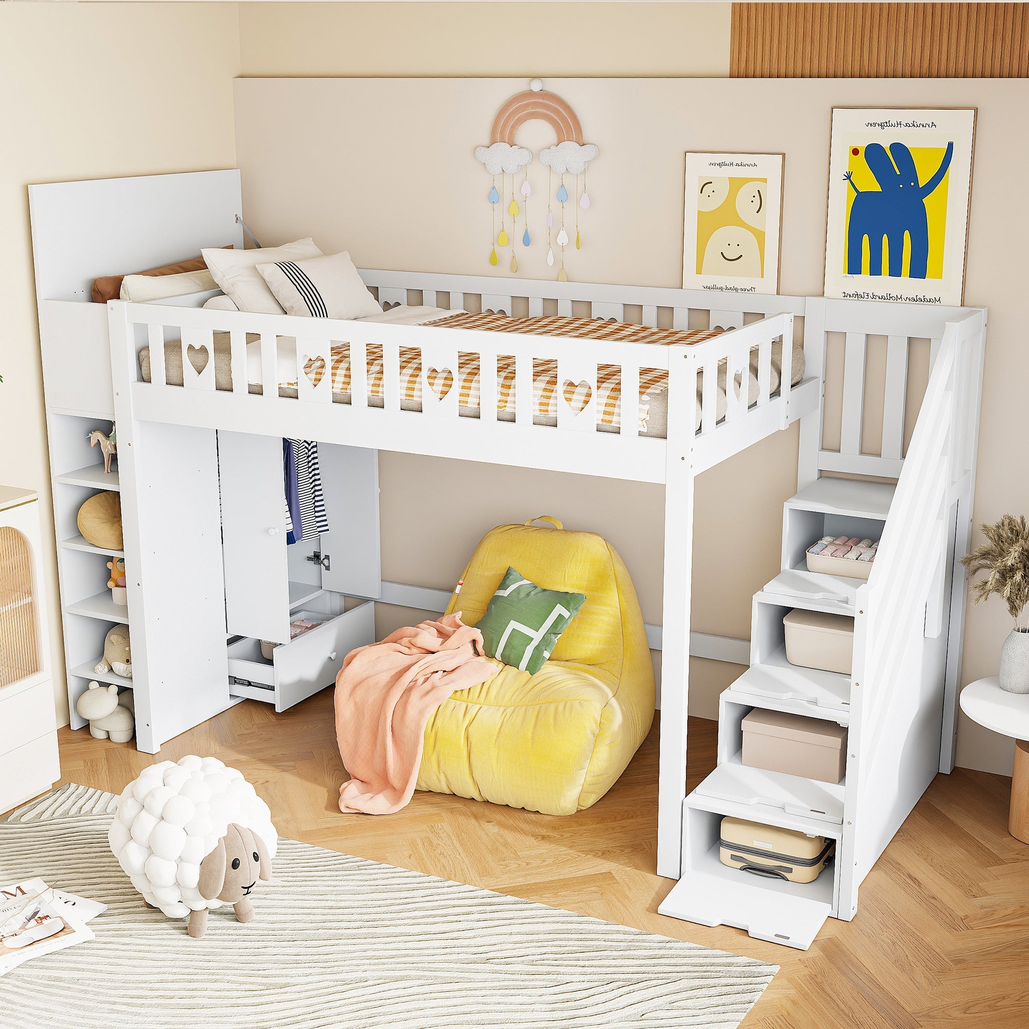 Loft Bed 90x200cm Storage Ladder Shelves Fold-Down Cabinet Love Railing - White