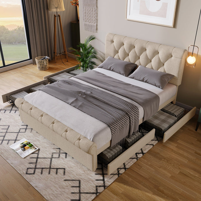 Double Upholstered Bed 140x200cm, 4 Drawers Adjustable Headboard, Natural Finish