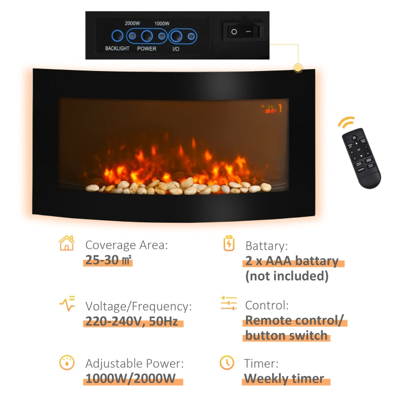 Led Wall Mounted Fireplace, Curved Glass Slimline 1000/2000W 7 Colour Side Lights, Electric Fire Place
