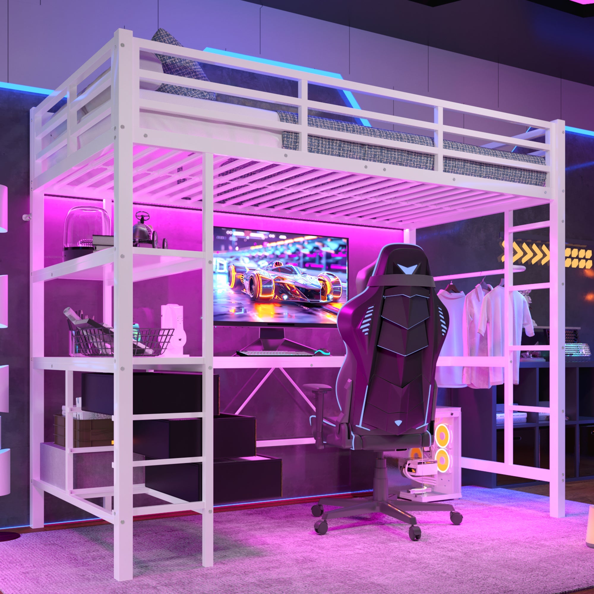 Loft Bed 90x200cm with Desk, LED Lights & Storage Drawers, White
