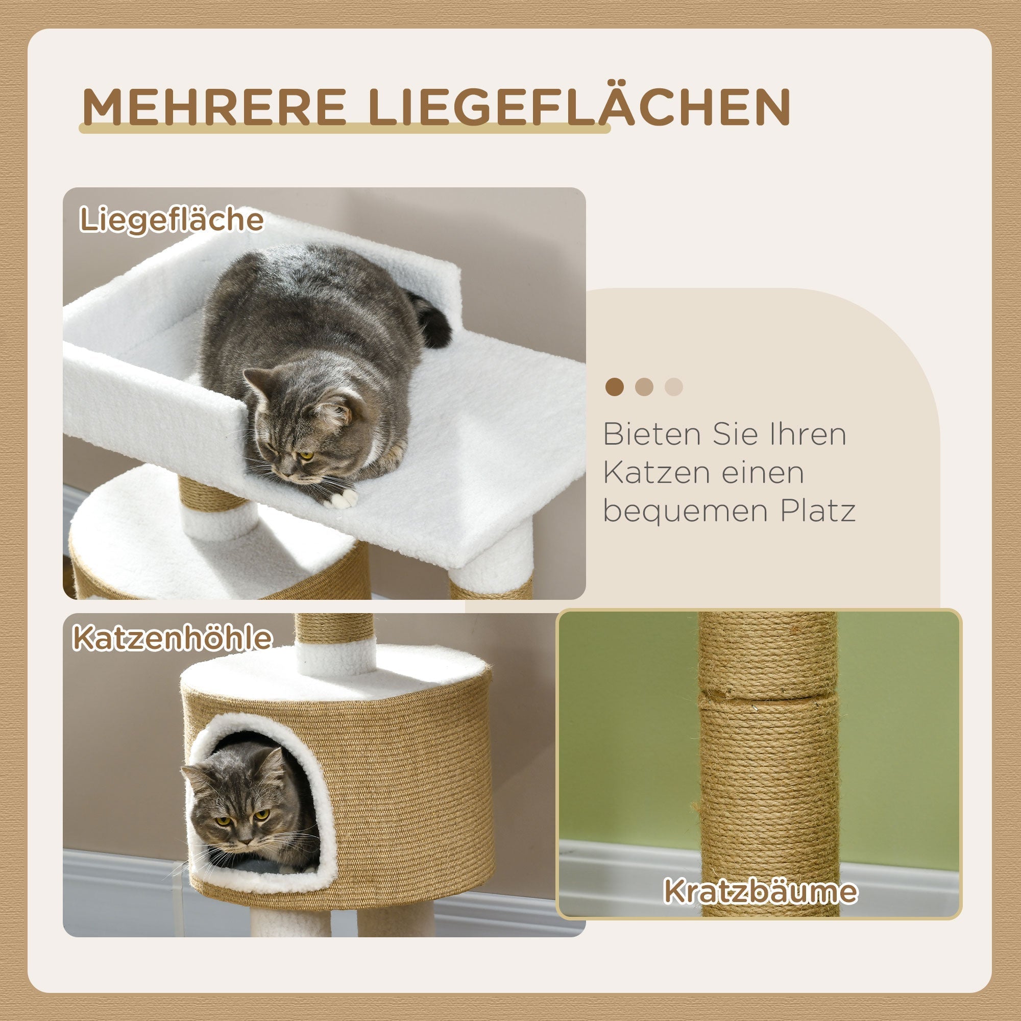 Cat Tree 79cm Small, with Cat Cave & Lying Area, Jute Brown/White