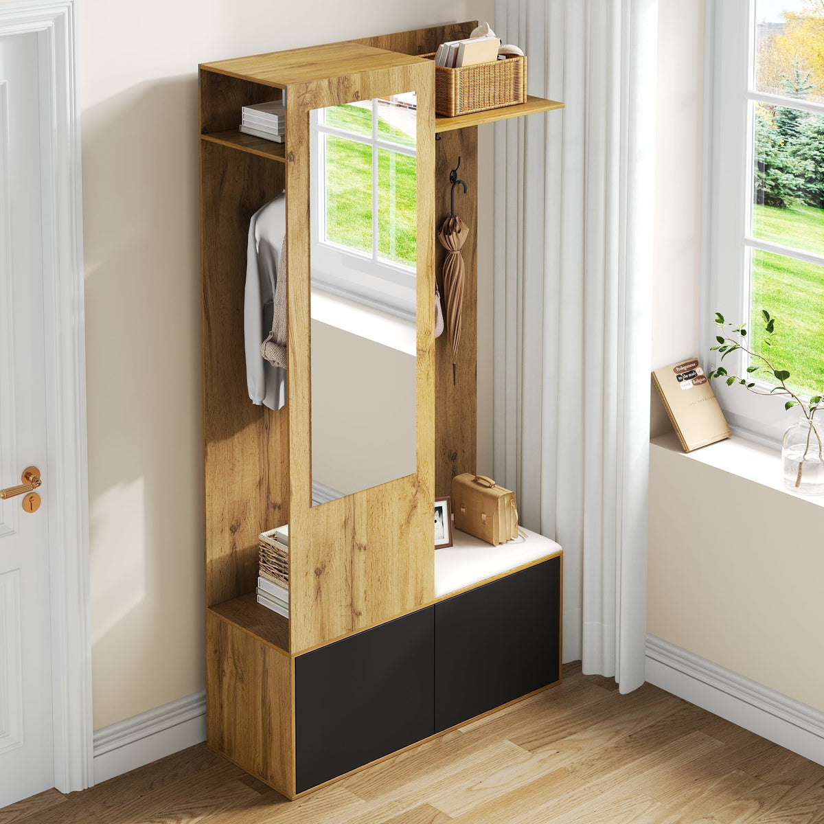 Wardrobe Set with 5 Hooks, Mirror, Shoe Cabinet, Hidden Hanging Area, Hall Bench