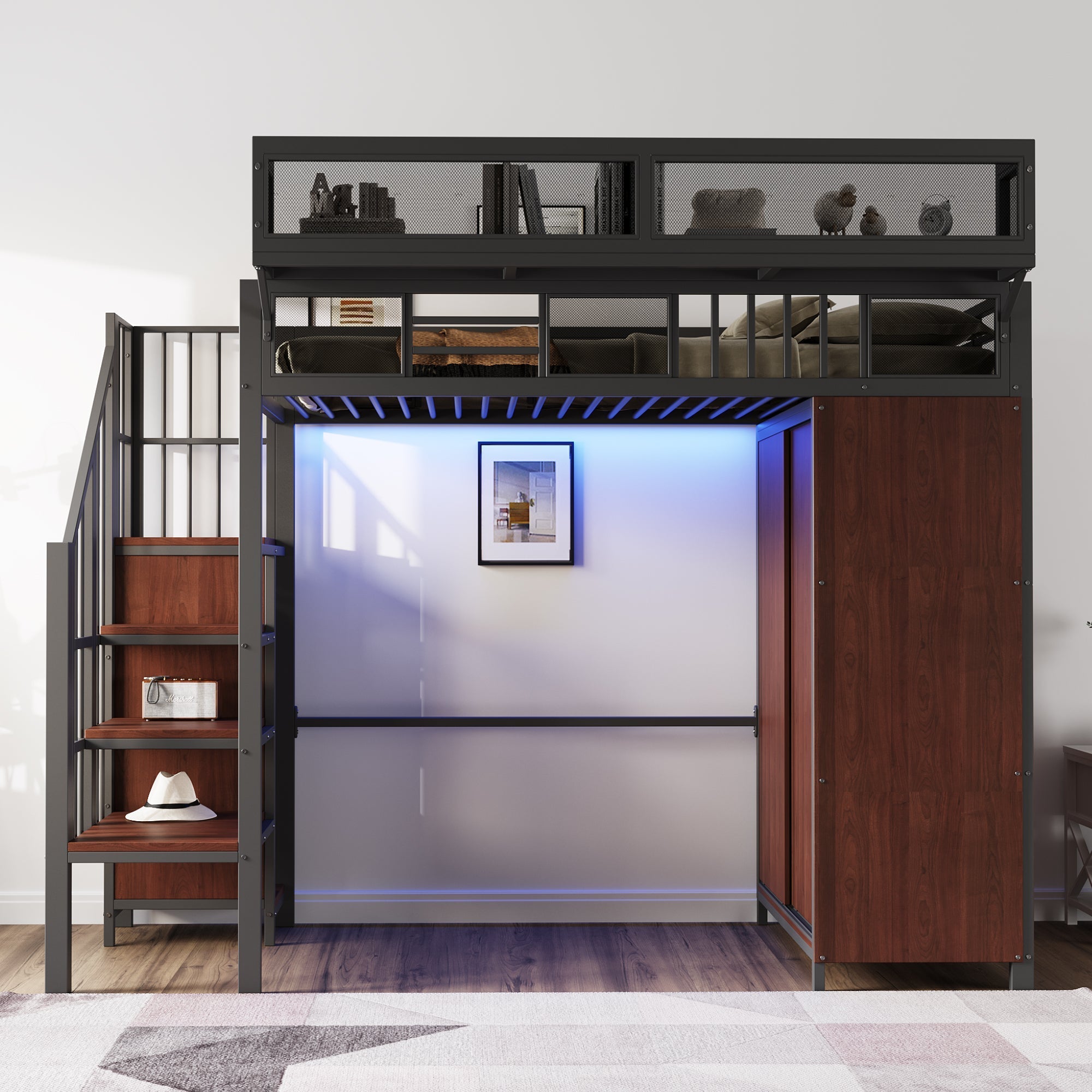 Metal Loft Bed 90 x 200 cm with Wardrobe, Safety Ladder and LED Lighting, Black