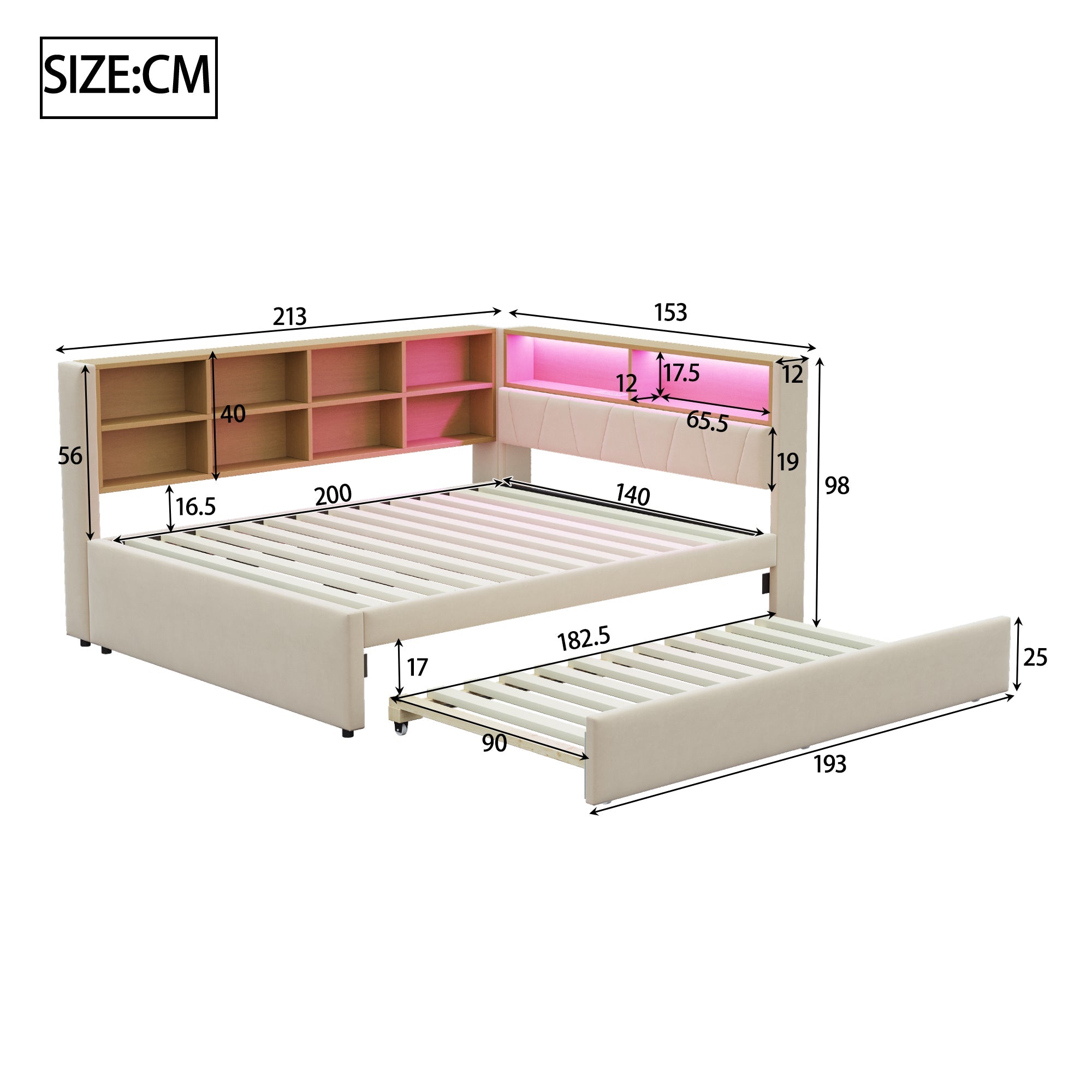 Sofa Bed 140x200, Pull-out 90x190, LED Lights & Storage, Flannel Beige