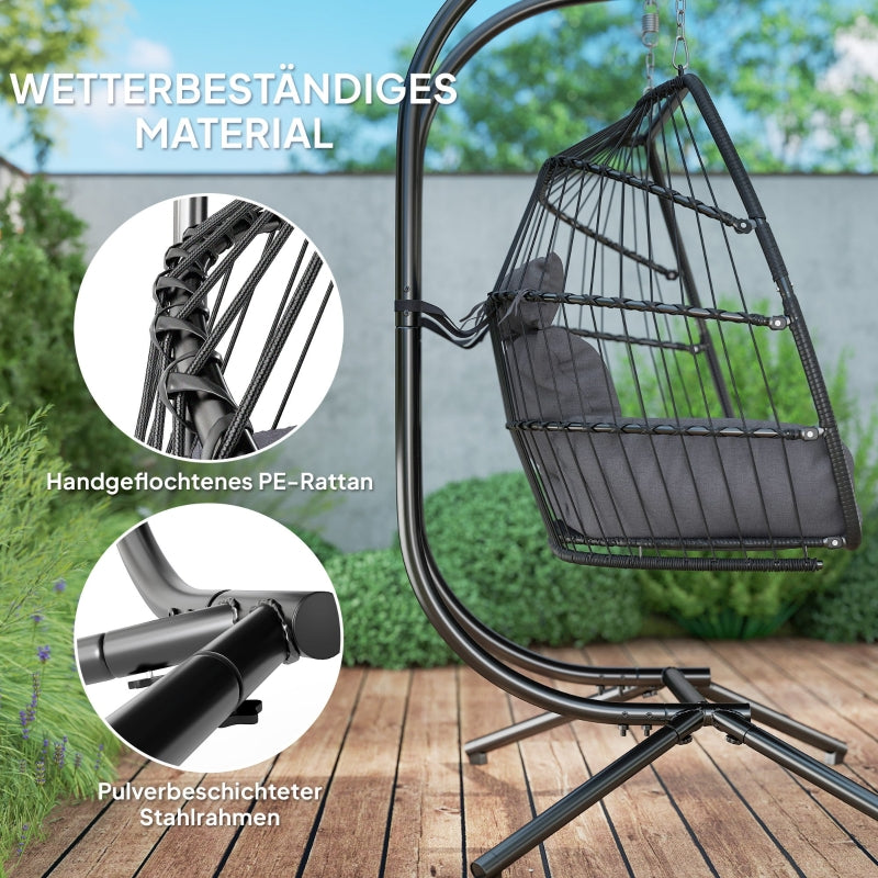 Hanging Chair with Frame, Foldable Basket with Cushion, Ergonomic Swing for 2 people, 260 kg capacity, Dark Gray
