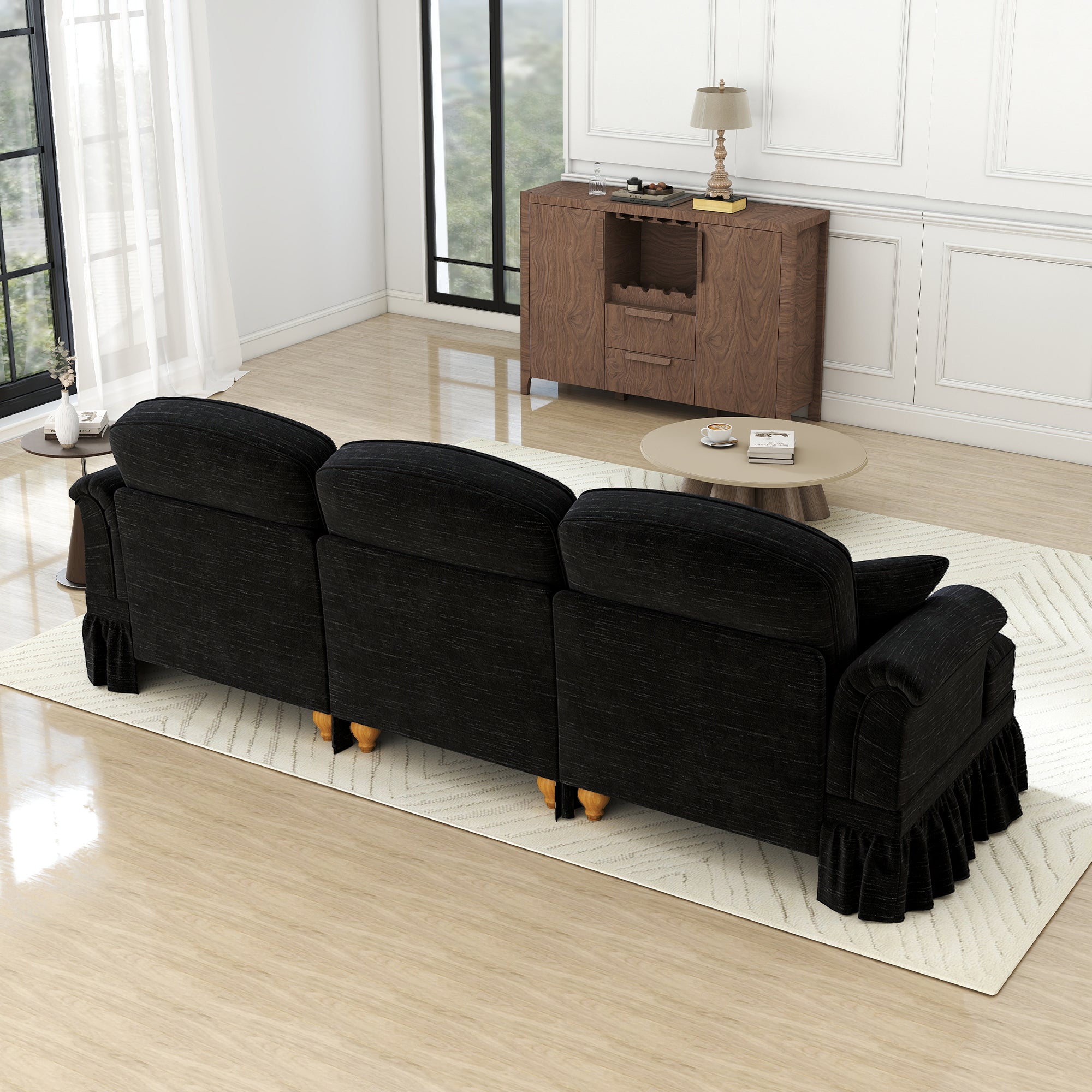 Sofa 3-seater Mid-Century Chenille Ruffled Apron - Black