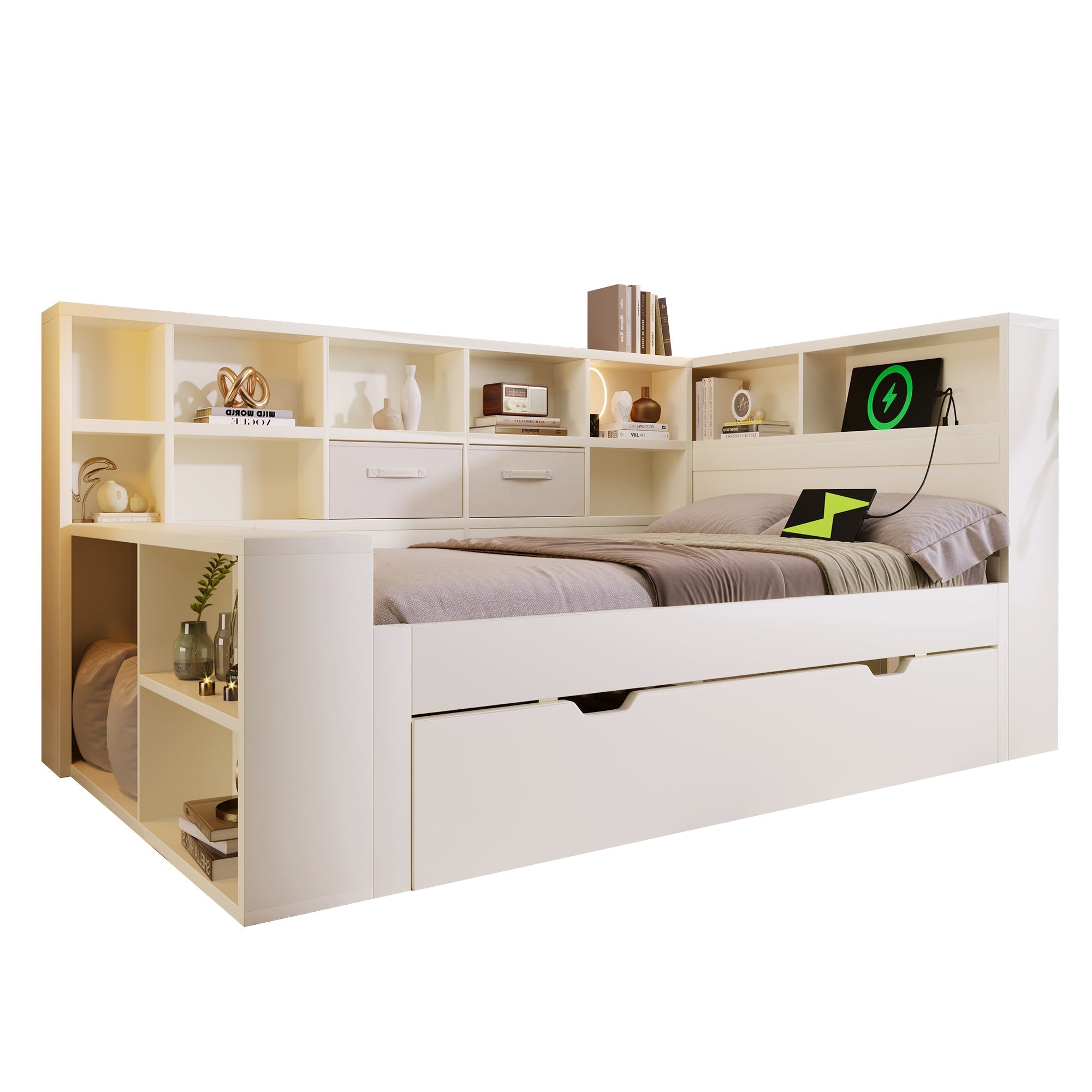 Single Bed 90x190 Pull-out Bed Storage USB/Type-C Charging White Wood