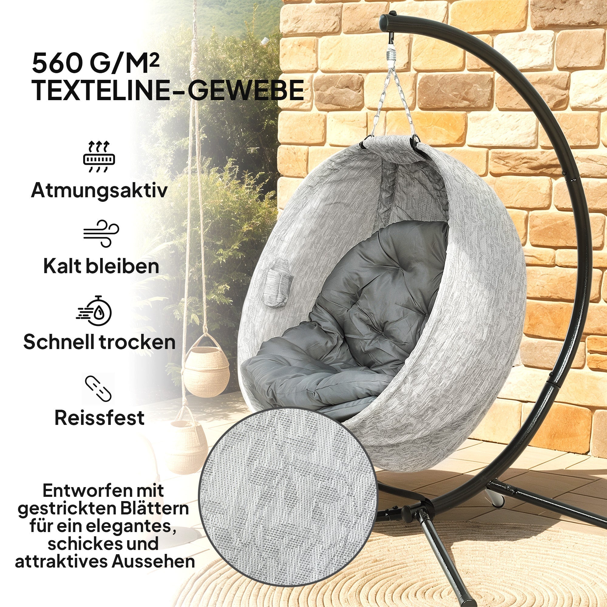 Eiförmiger Outdoor-Hängesessel, klappbare Schaukel mit Getränkehalter, Grau