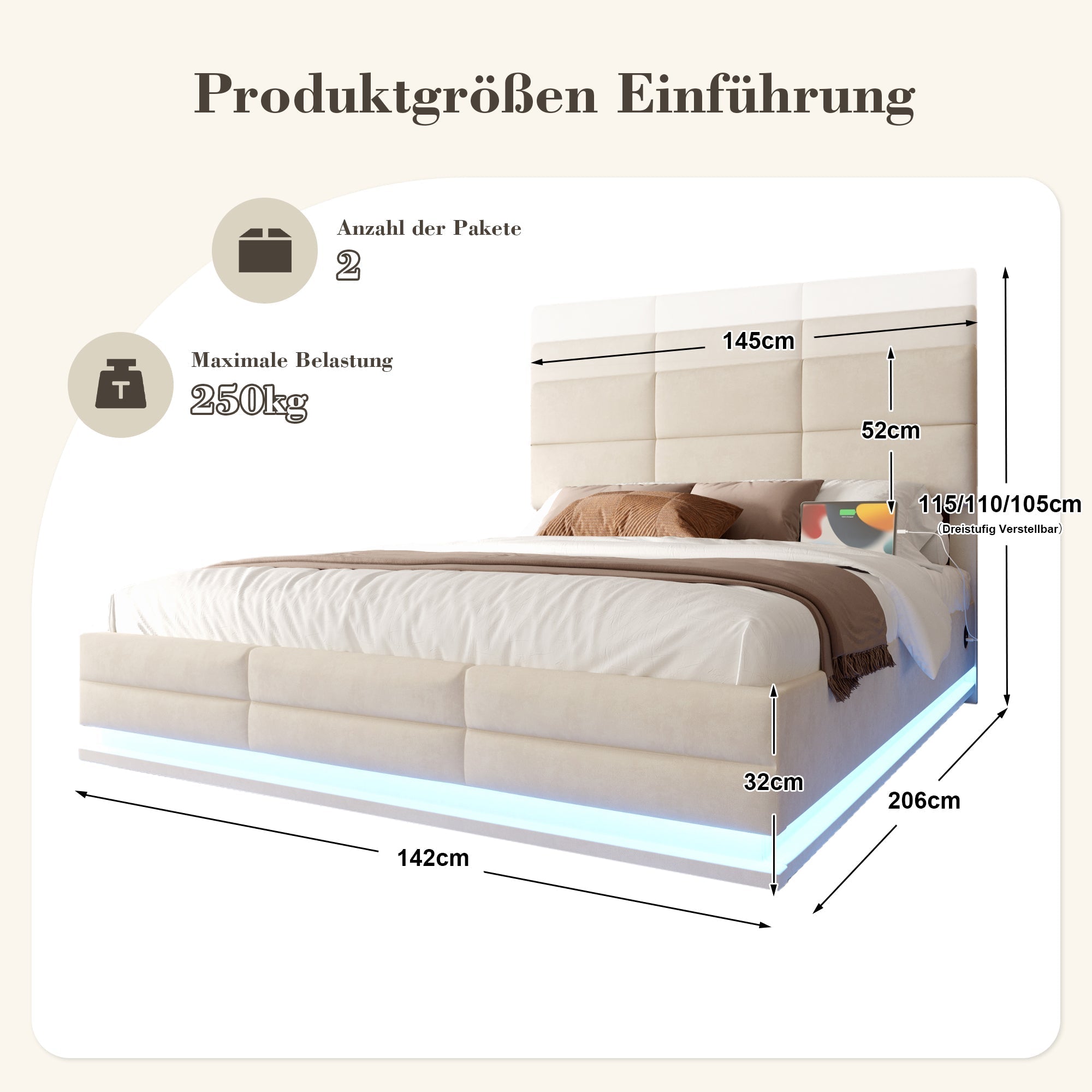 Upholstered Bed, 140x200cm Modern with Adjustable Headboard, USB/Type-C, LED, Hydraulic Lift, XXL Storage - Beige