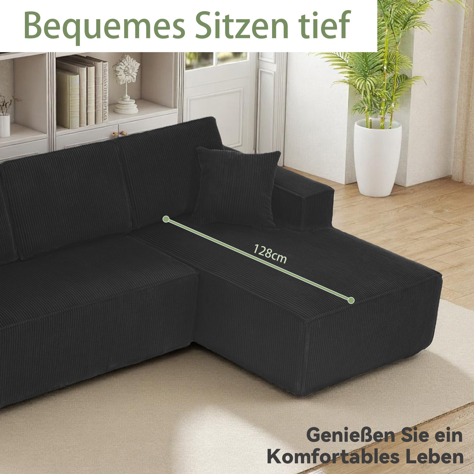 Modular Corner Sofa L-shaped Chaise Lounge High-Density Foam Corduroy Black