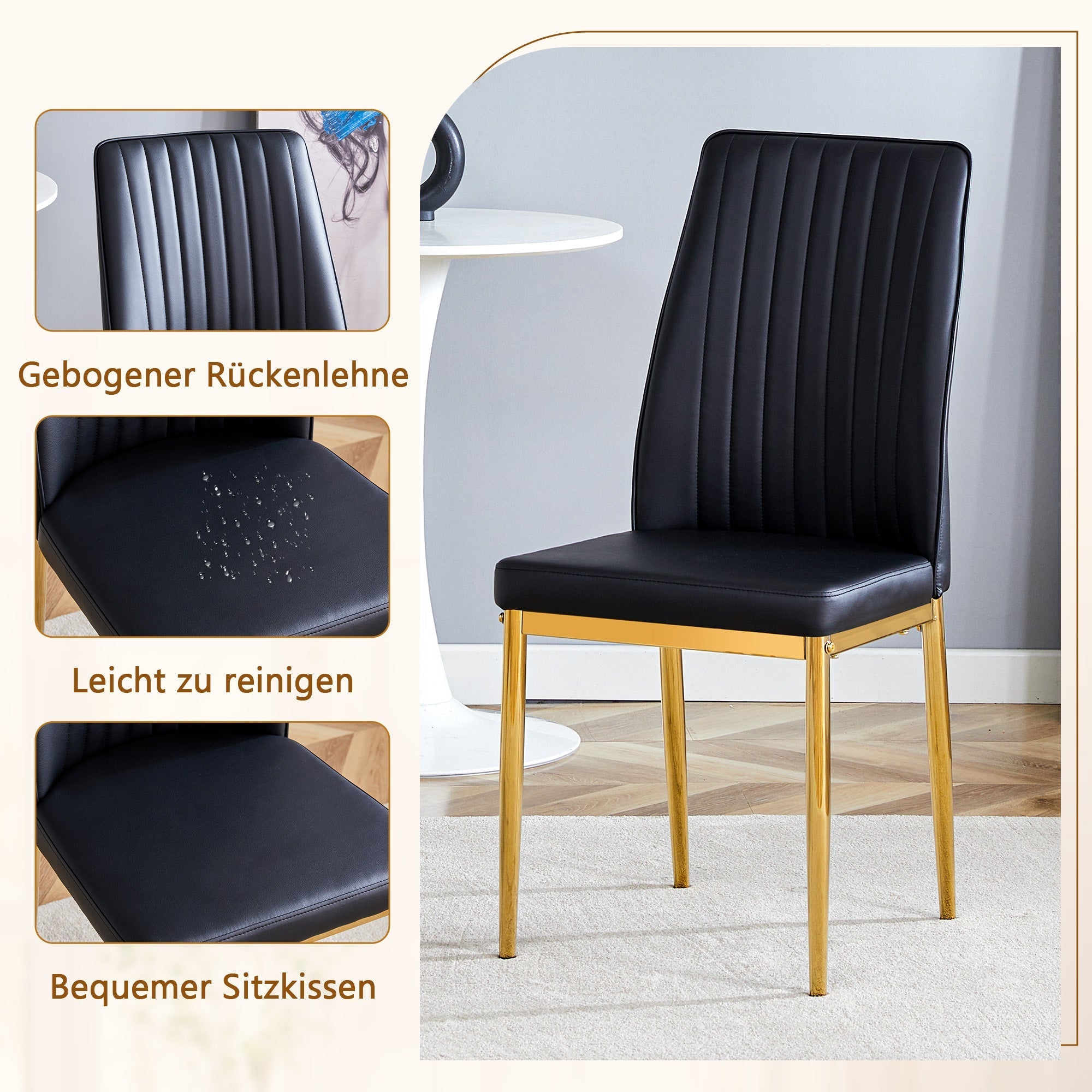 Dining Table Set Modern Minimalist Glass Table Ø85cm with 4 Chairs - Faux Leather Black