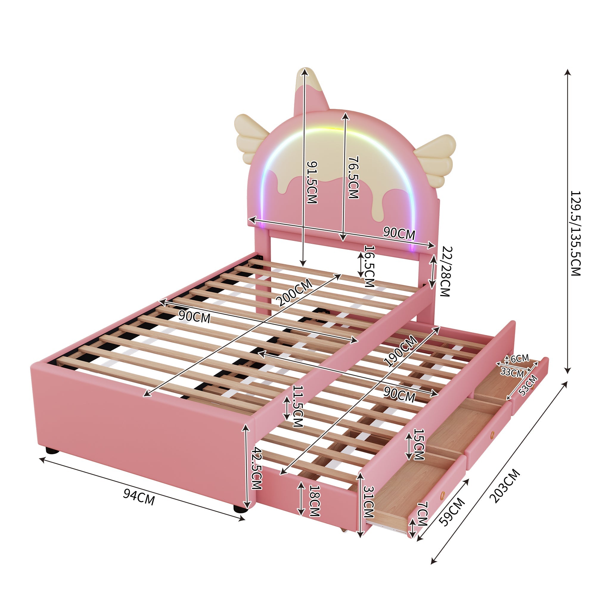 Children's Cartoon Bed 90x200cm Unicorn Shape Extendable Rollaway - PU Pink