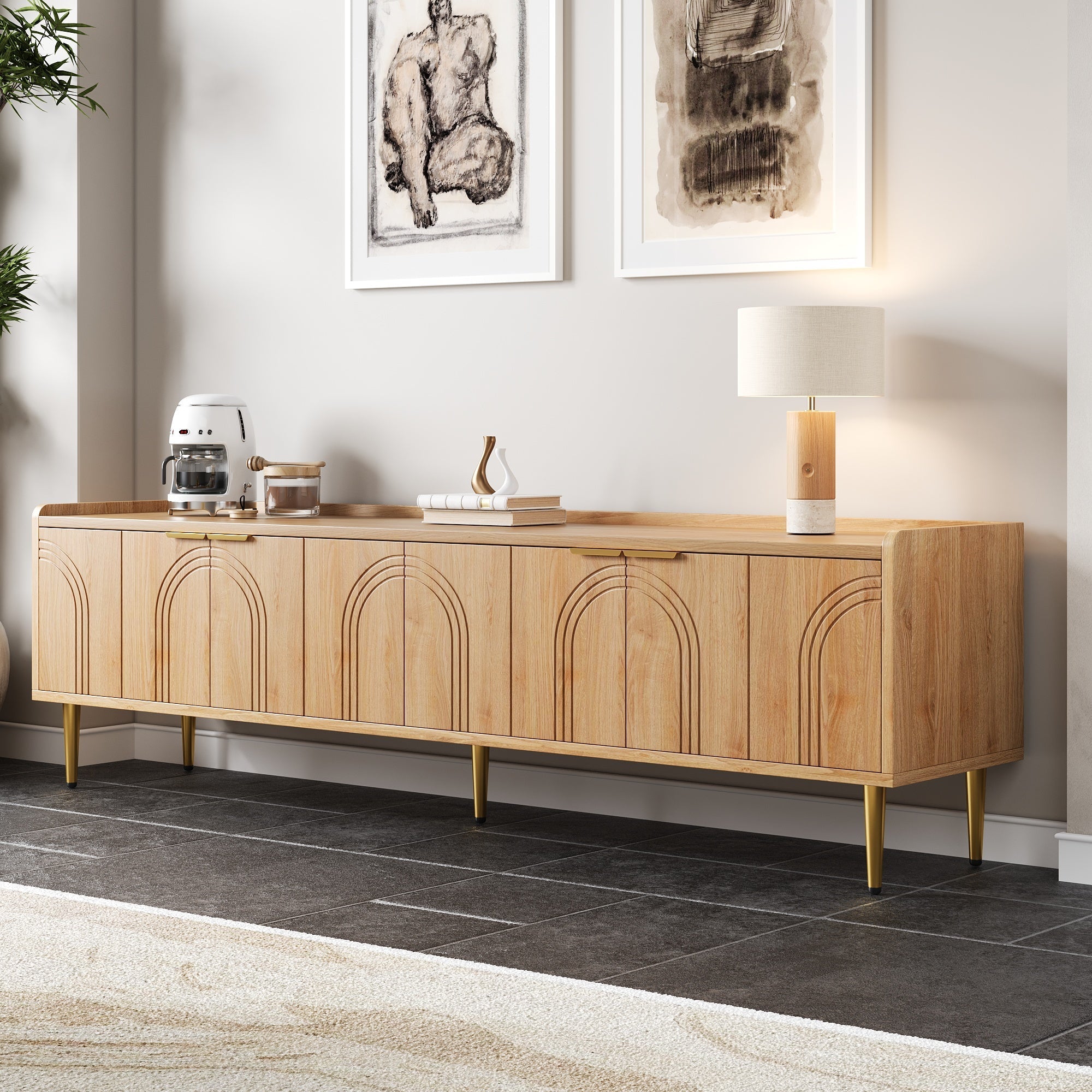 TV Cabinet Lowboard, Textured Door Gold Handles and Feet, 170cm MDF