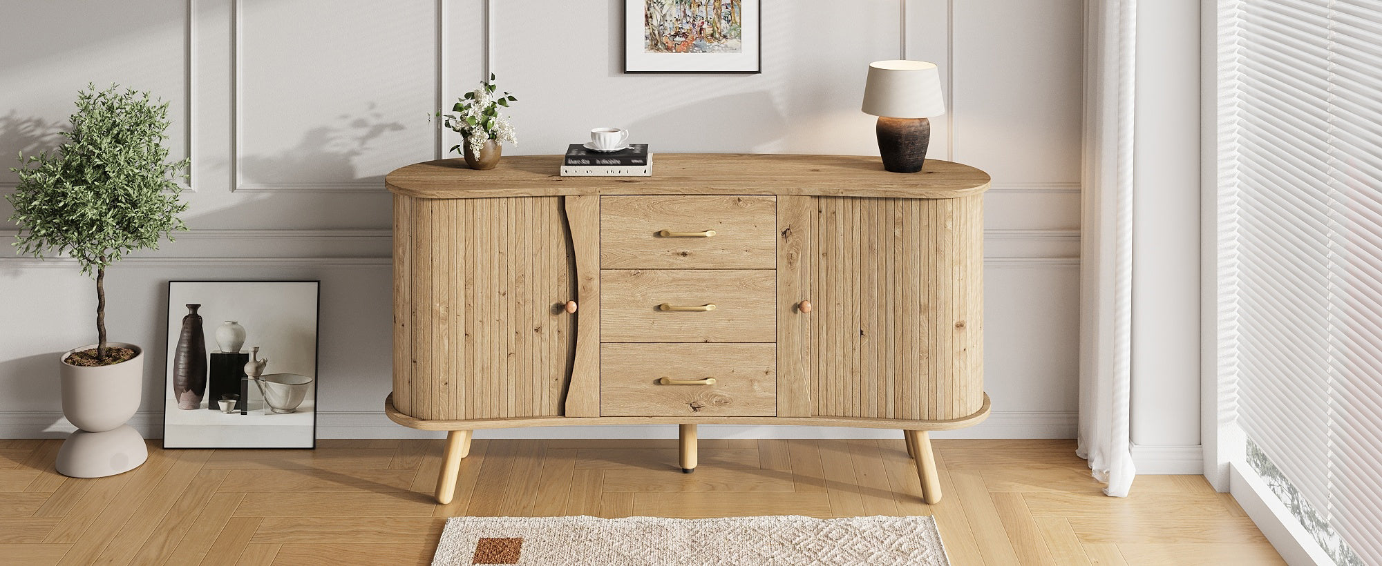 Pea-Shaped Sideboard with 2 Sliding Doors and 3 Drawers, Scandinavian Style with Solid Wood Legs, Wood Look MDF