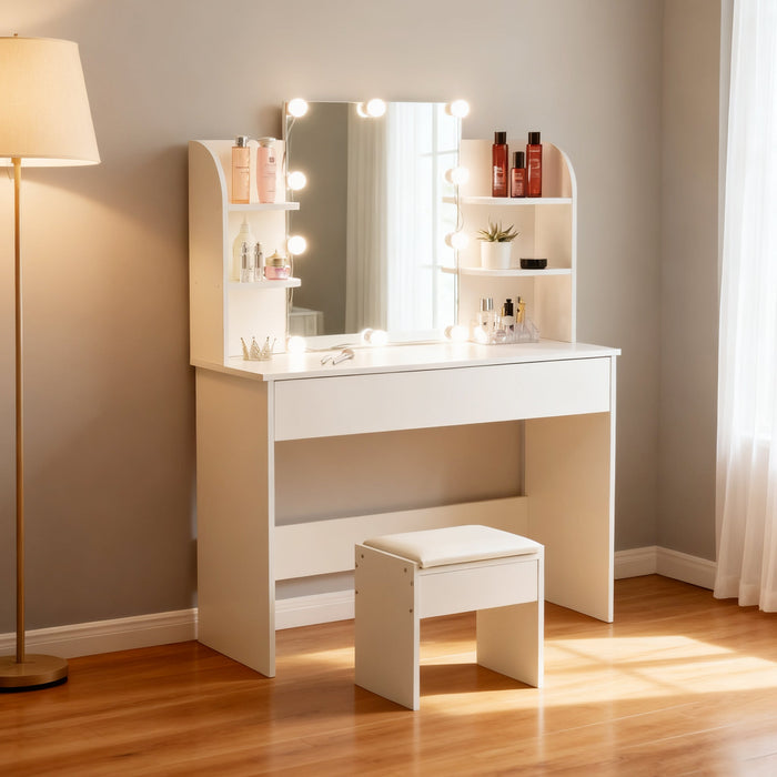 Dressing Table with Stool, LED Lighted Mirror, White