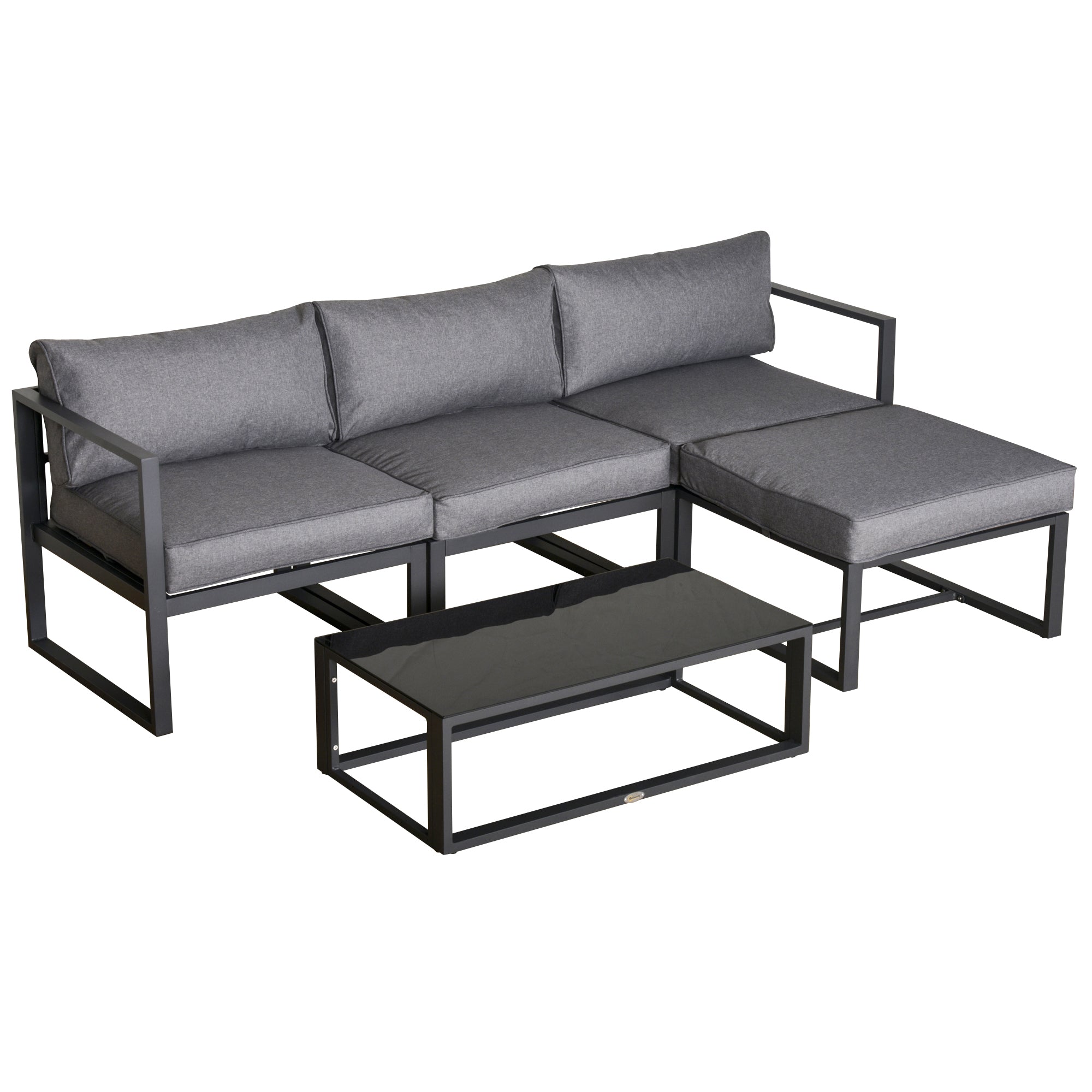 5 Piece Outdoor Patio Set, Cushioned Sofa & Glass Table, Aluminum, Grey
