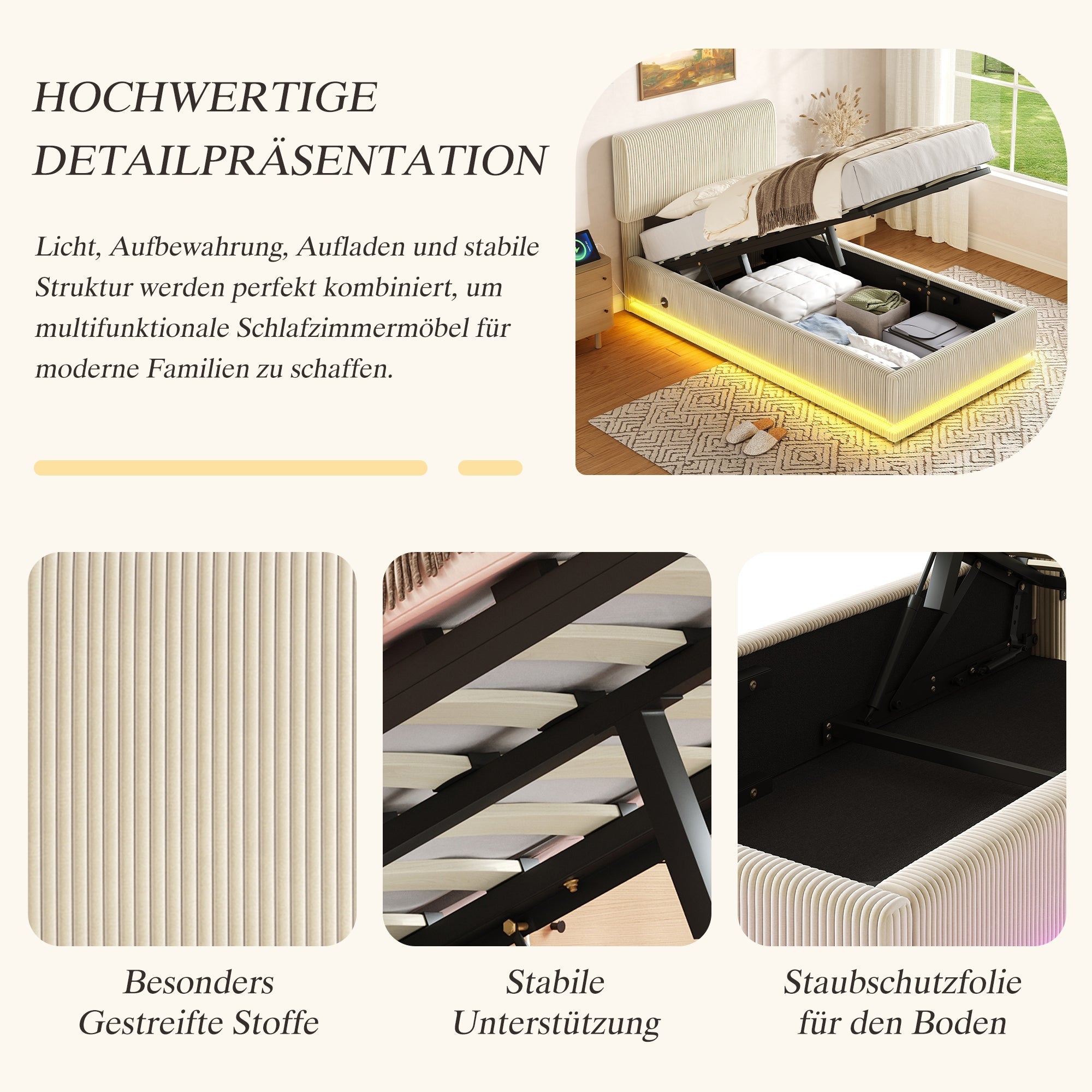 Modern Upholstered Bed with LED Lighting, USB-C and Storage, 90*200 Beige Corduroy