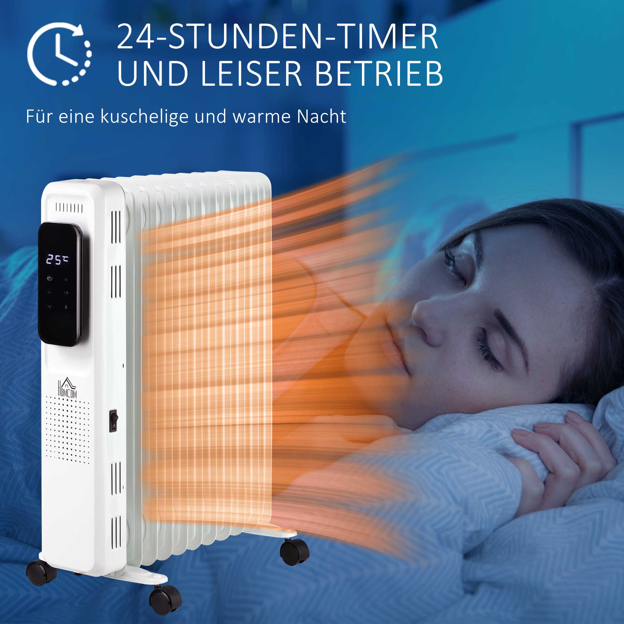 Portable Oil-Filled Radiator, 2290-2720W, 3 Heat, 24-Hour Timing, White Steel
