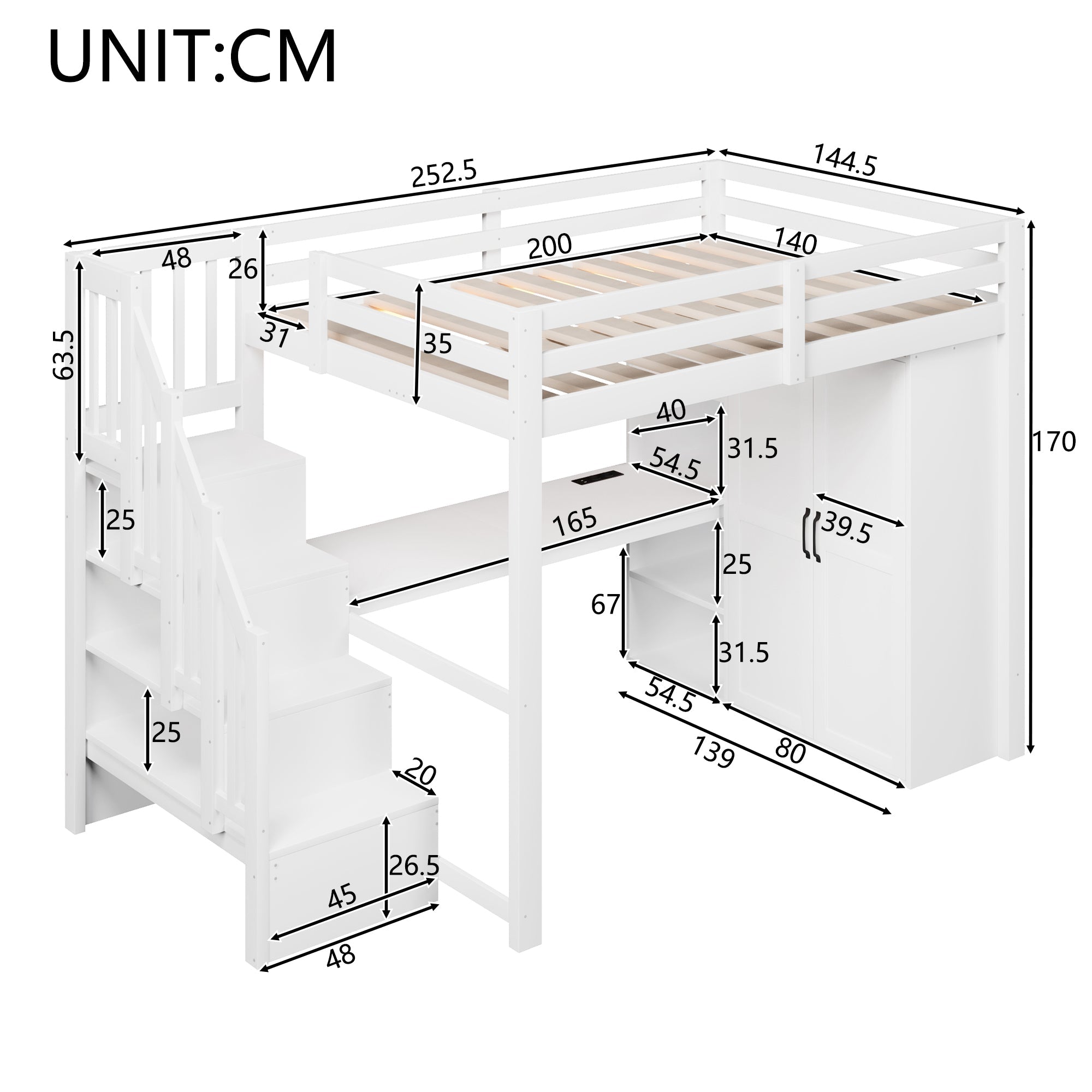 140x200 Loft Bed with Desk, Shelf, Wardrobe, Storage Stairs, USB and LED Lights, White