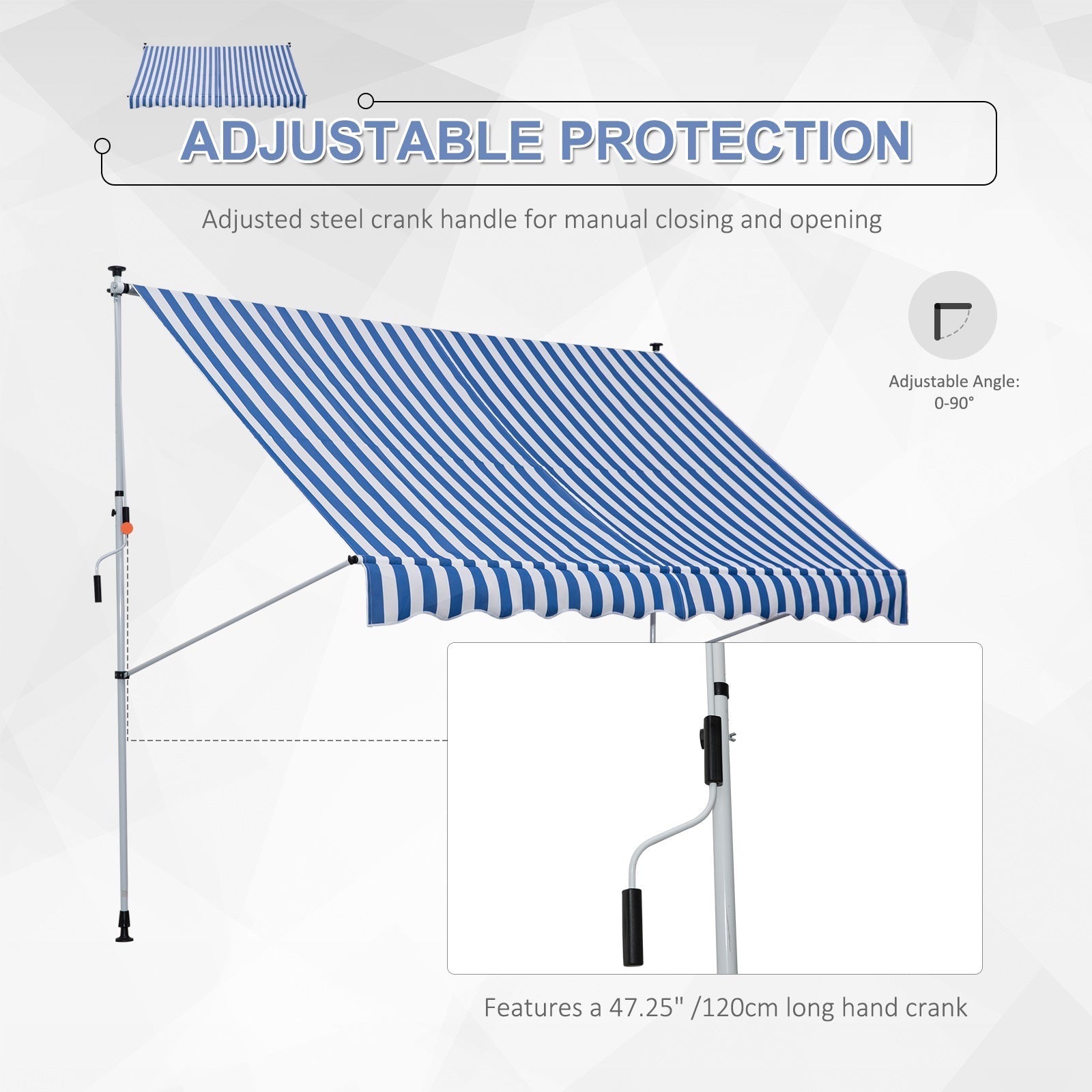 Awning Hand Crank Height Adjustable Dirt-Repellent Aluminum Polyester Blue/White