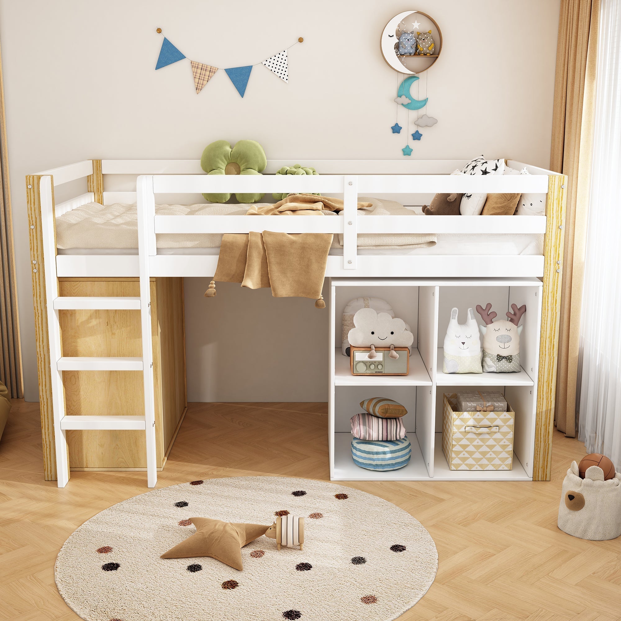 Children's Loft Bed with 2 Storage Cabinets and Ladder, Natural and White