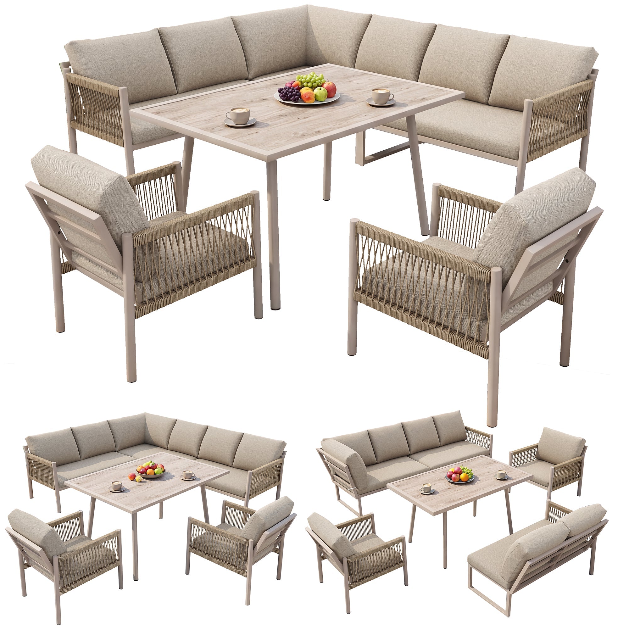 Garden Lounge Seating Group, L-Shaped Sofa with Table and 2 Armchairs, Beige