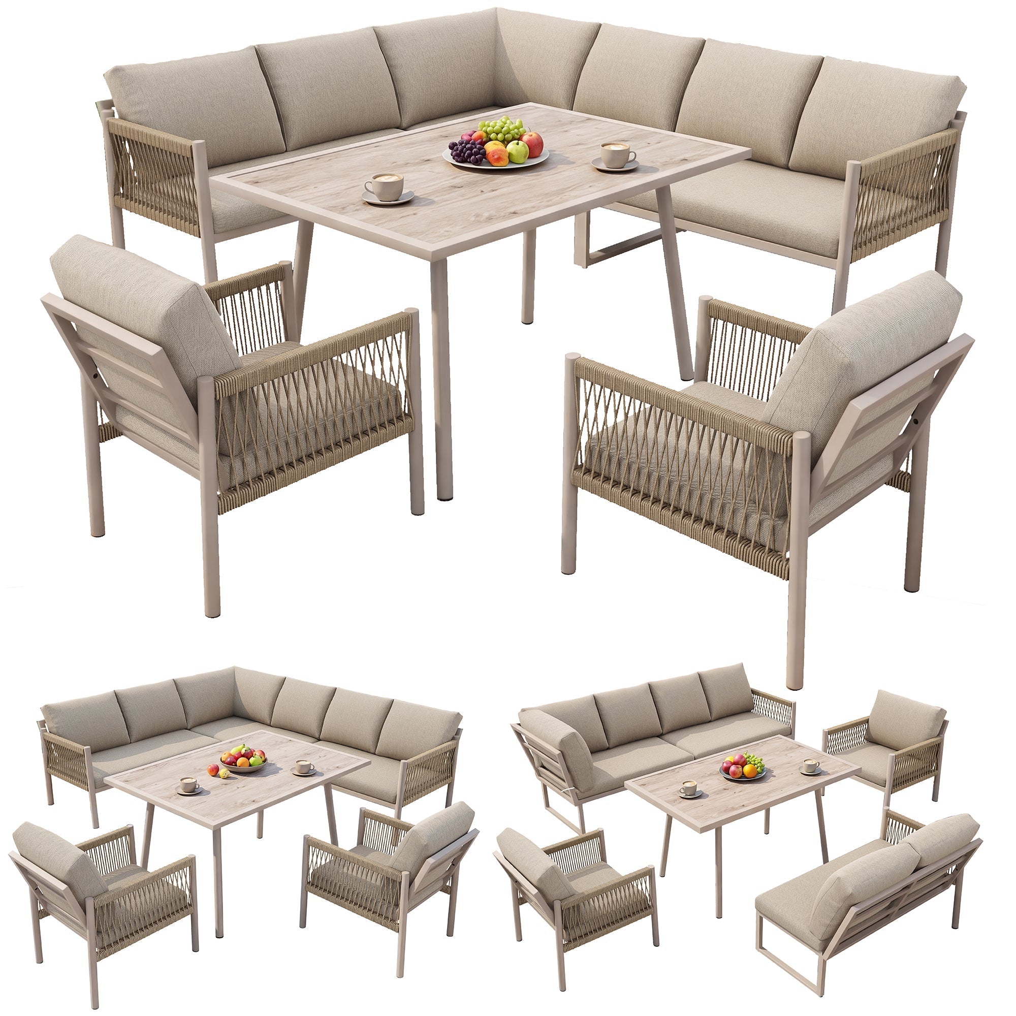 Garden Lounge Seating Group, L-Shaped Sofa with Table and 2 Armchairs, Beige