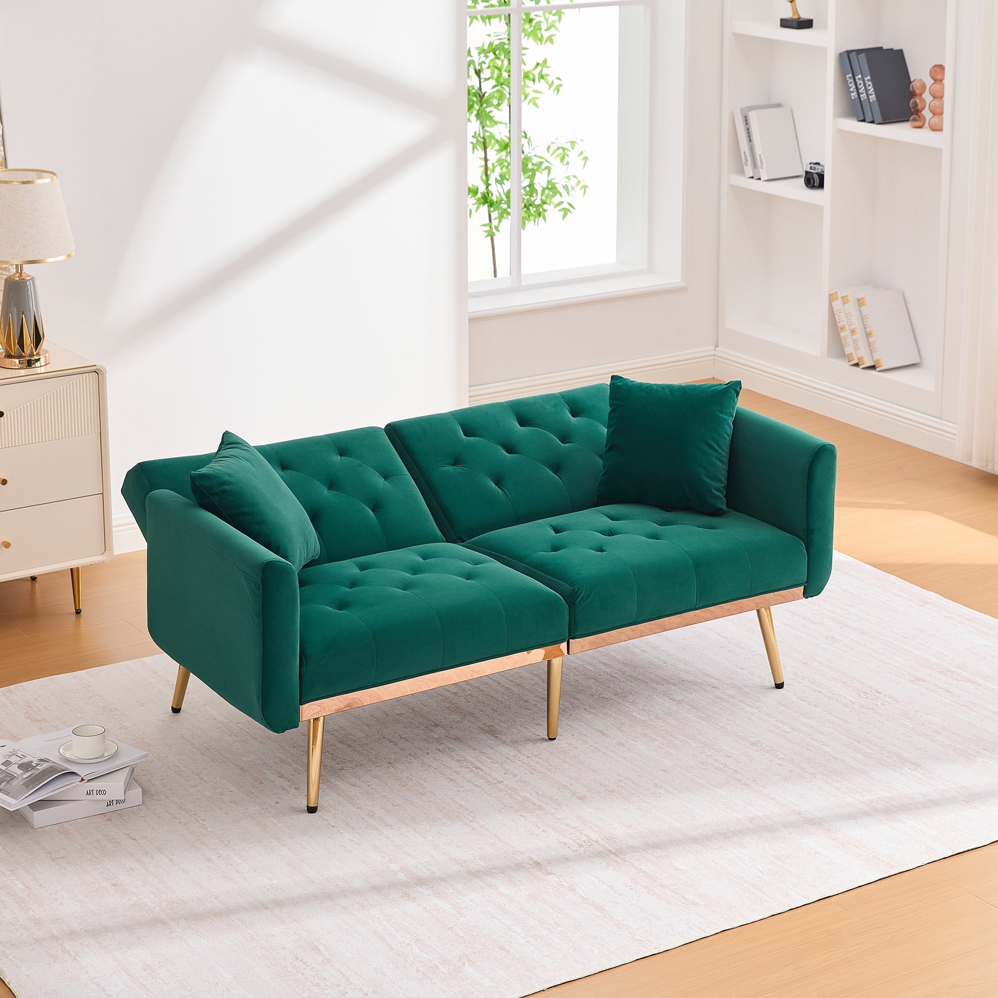 Two-Seater Sofa, Adjustable Backrest Sofa Bed with Metal Legs, Emerald Velvet