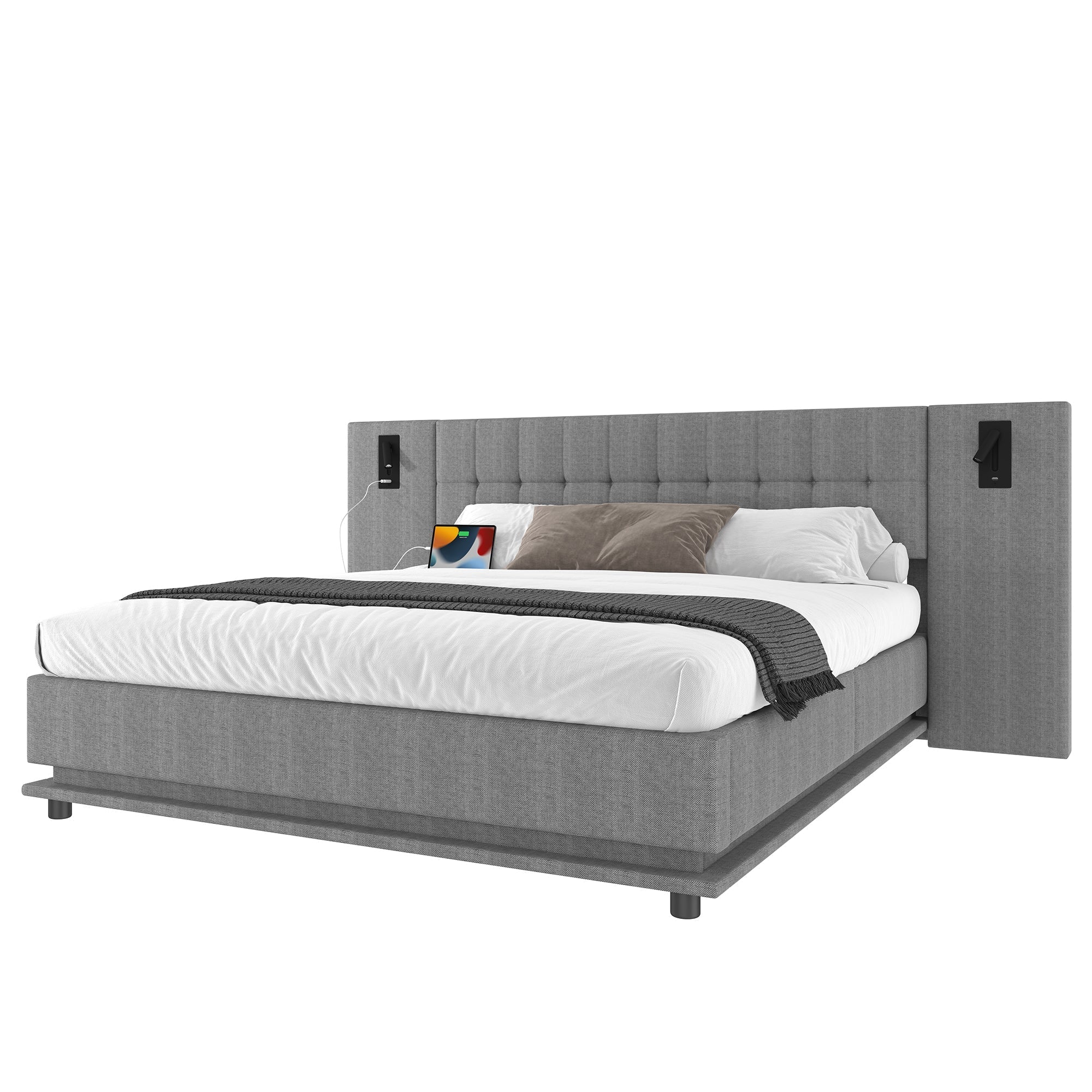 Upholstered Bed 180x200cm LED Spotlight USB Port - Linen Grey