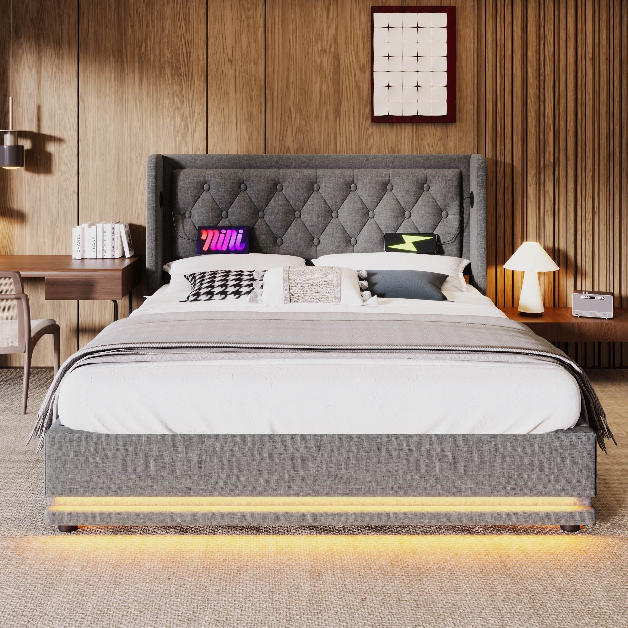 Upholstered Double Bed with Hydraulic Storage, USB Charging and LED, 180x200cm, Grey Cotton
