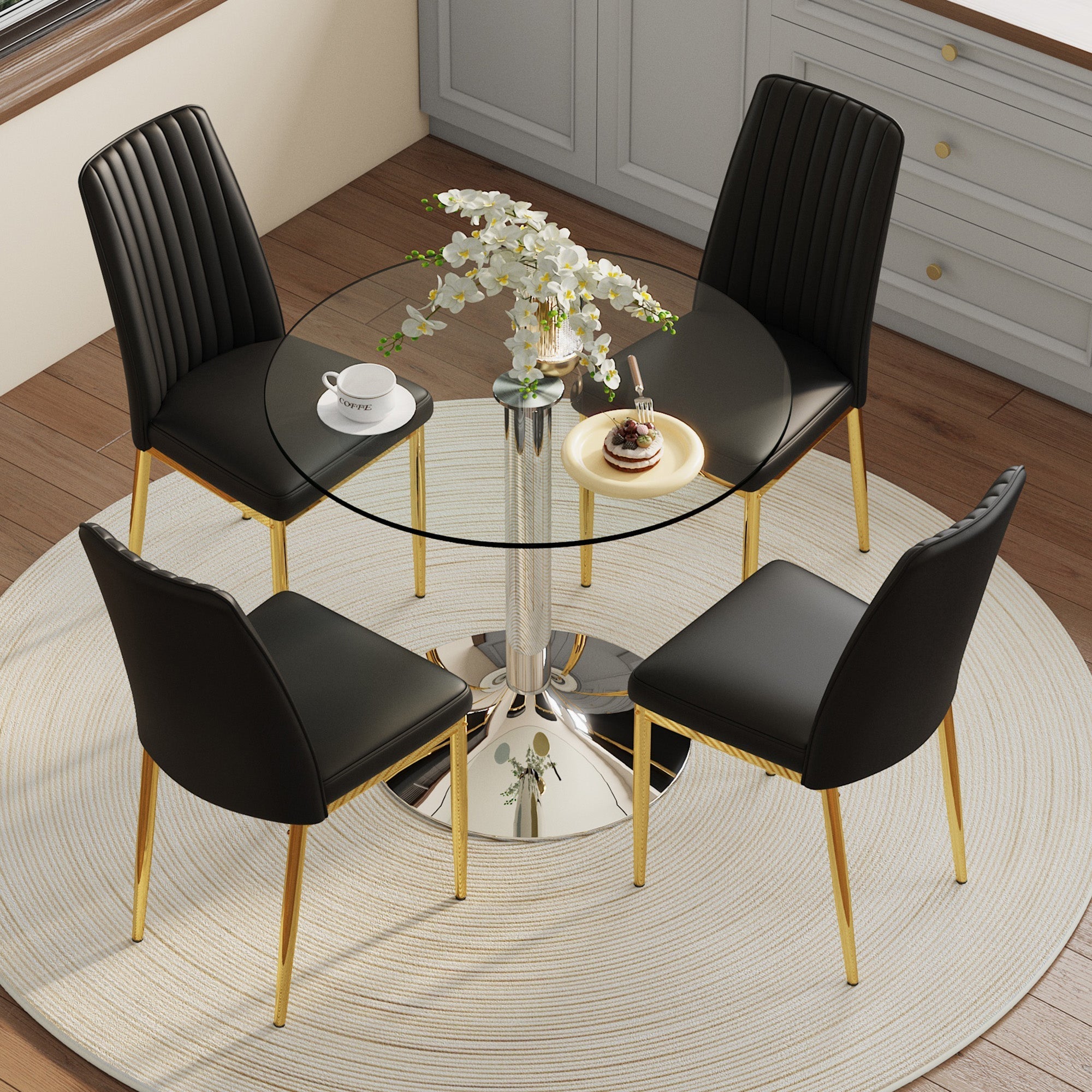 Dining Table Set Modern Minimalist Glass Table Ø85cm with 4 Chairs - Faux Leather Black